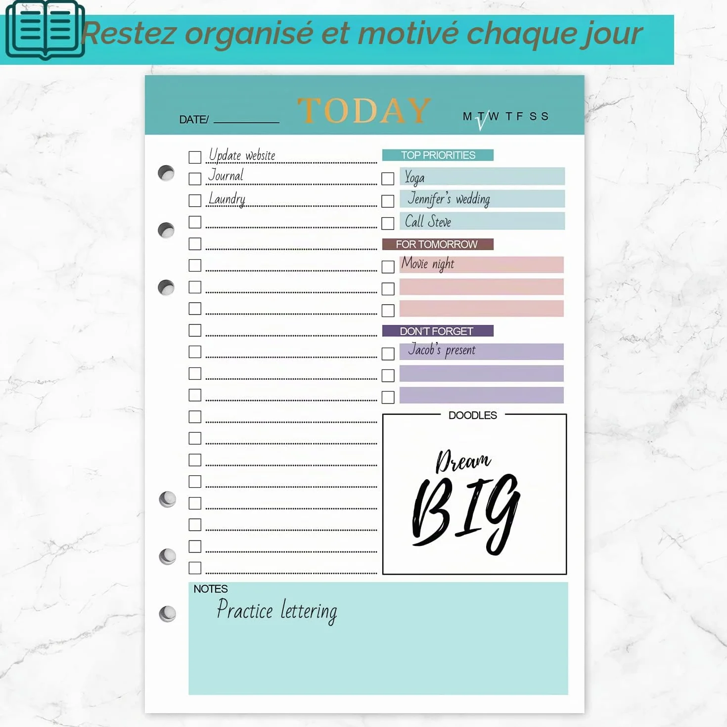 A5 Rechargeable Daily Planner 3 Paquets 150 Feuilles To Do List Non Daté Vert