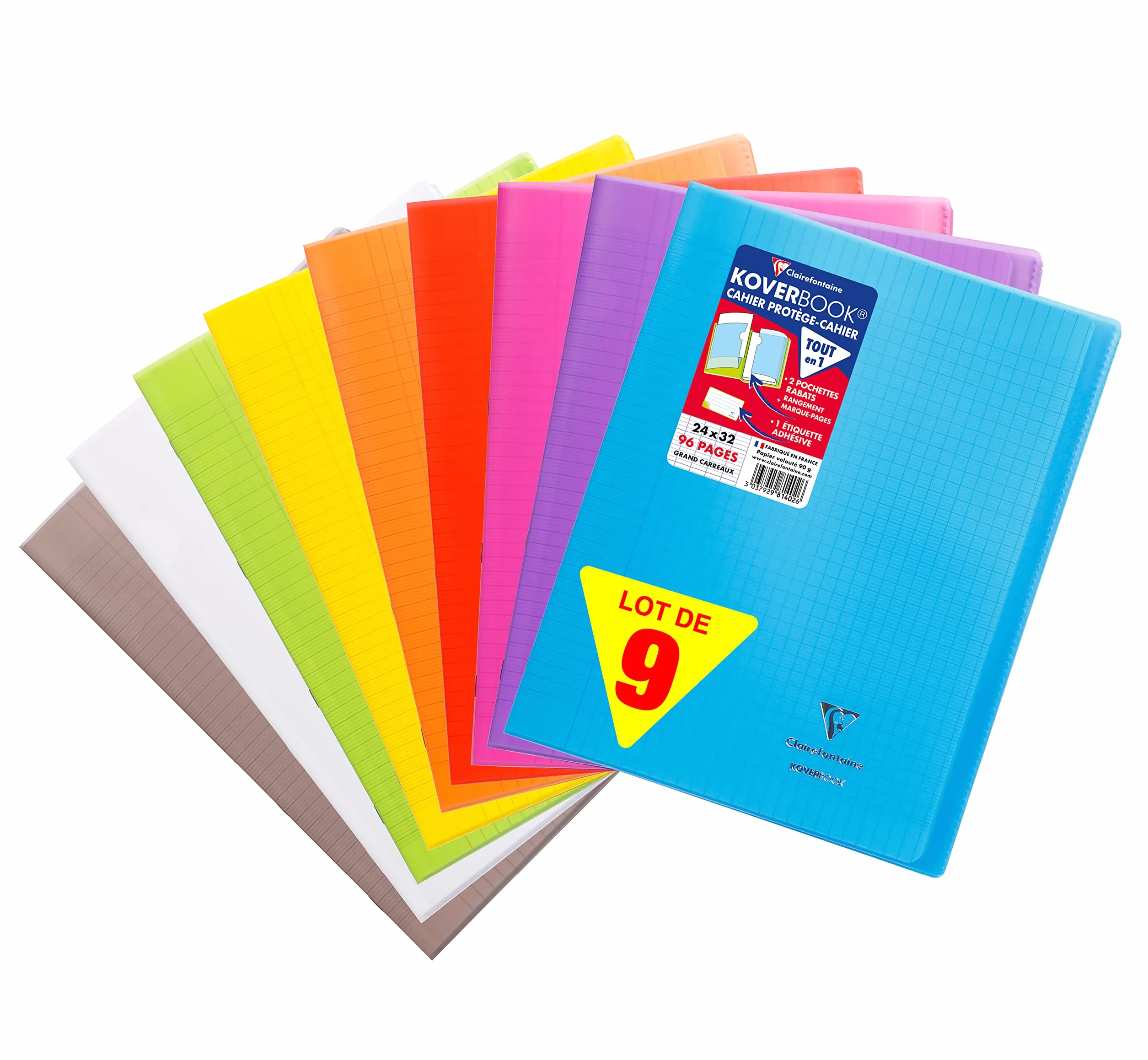 Clairefontaine Lot de 9 Cahiers Agrafés Koverbook 24x32cm 96 Pages Grands Carreaux Papier 90g