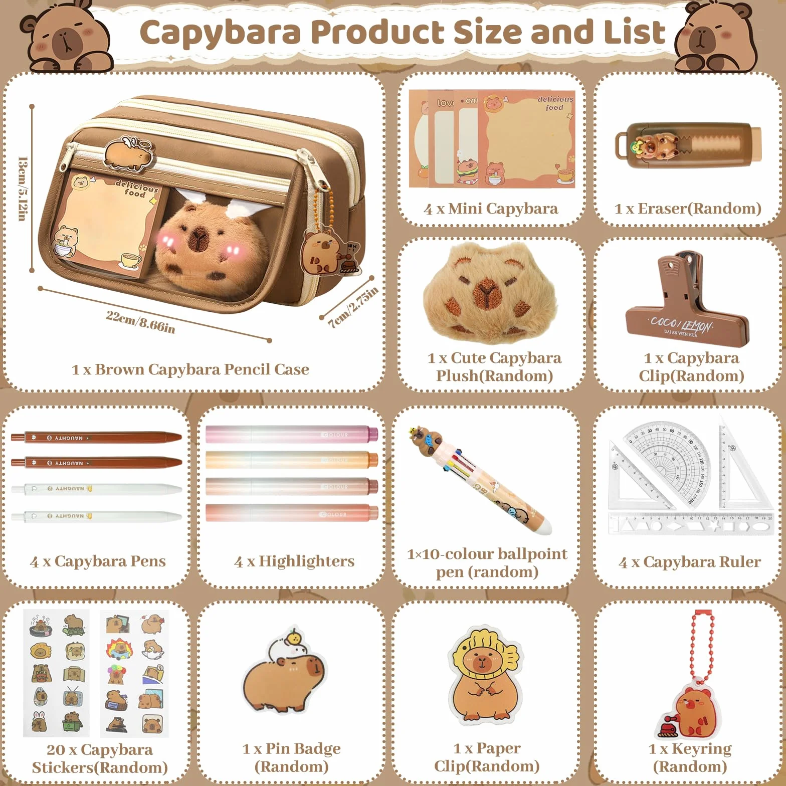 Ensemble Papeterie Capybara 26 Pièces Trousse à Crayons Kawaii Stylos Règle Autocollants Rentrée Scolaire