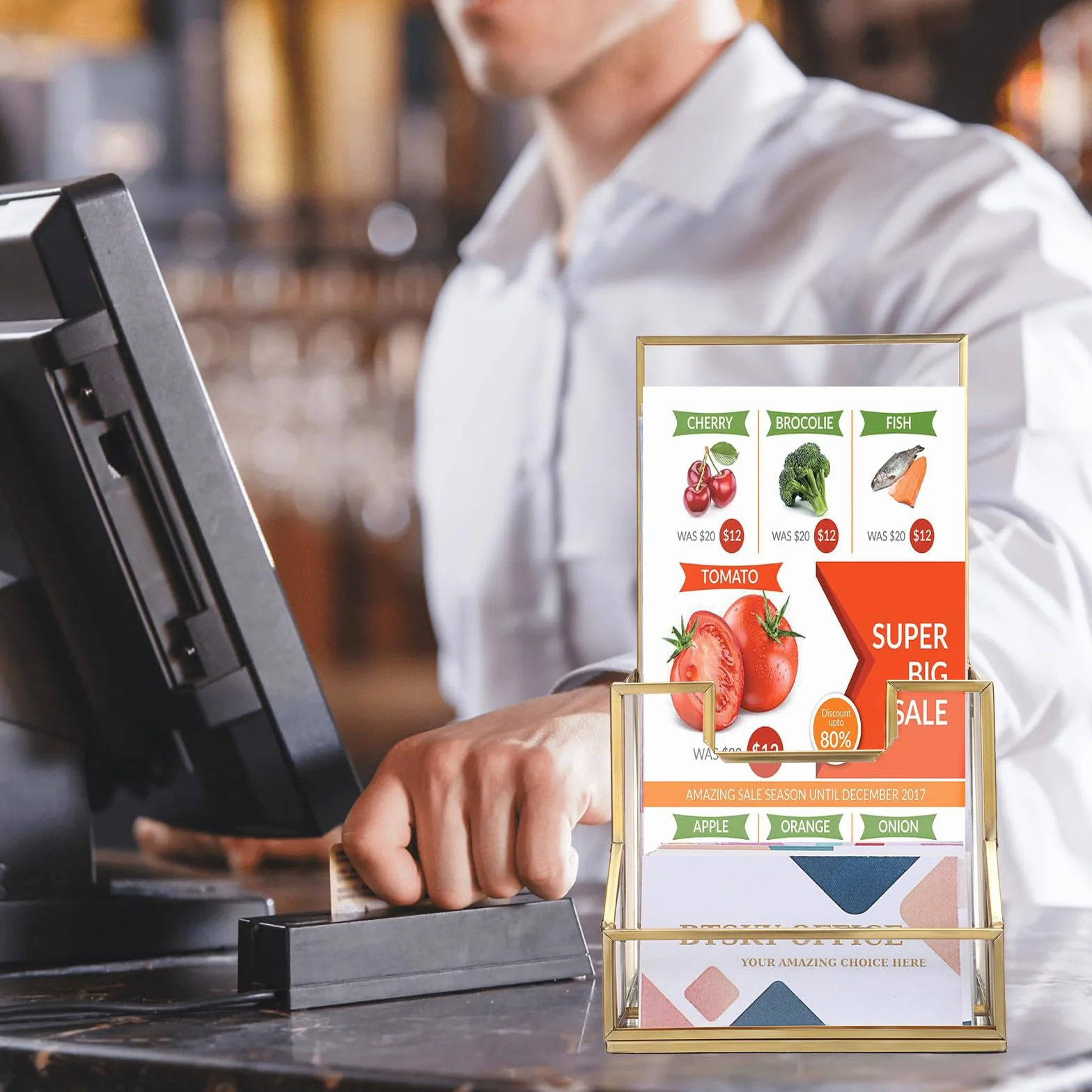 SUMTree Porte-brochures en métal et verre A6 avec porte-cartes support affichage 11x11x20cm