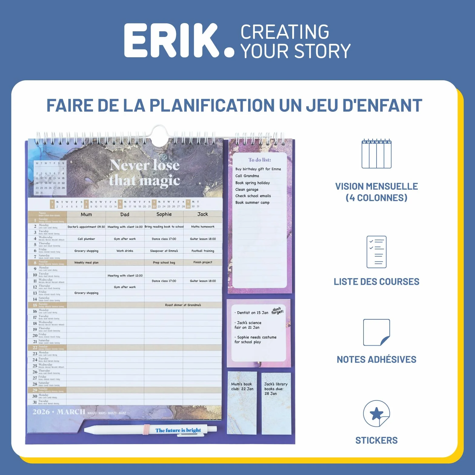 Grupo Erik Calendrier Glitter 16 mois Septembre 2025 à Décembre 2026 Planificateur Mensuel Familial avec Crochet