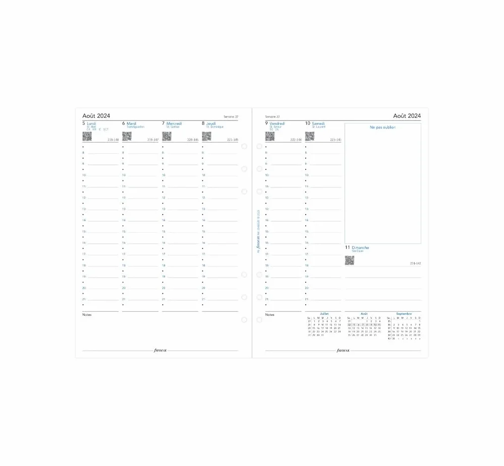 Filo Recharge A5 2026 2027 Français 1 Semaine sur 2 Pages Vertical Compatible Filofax 148 x 210 mm Index Adhésif