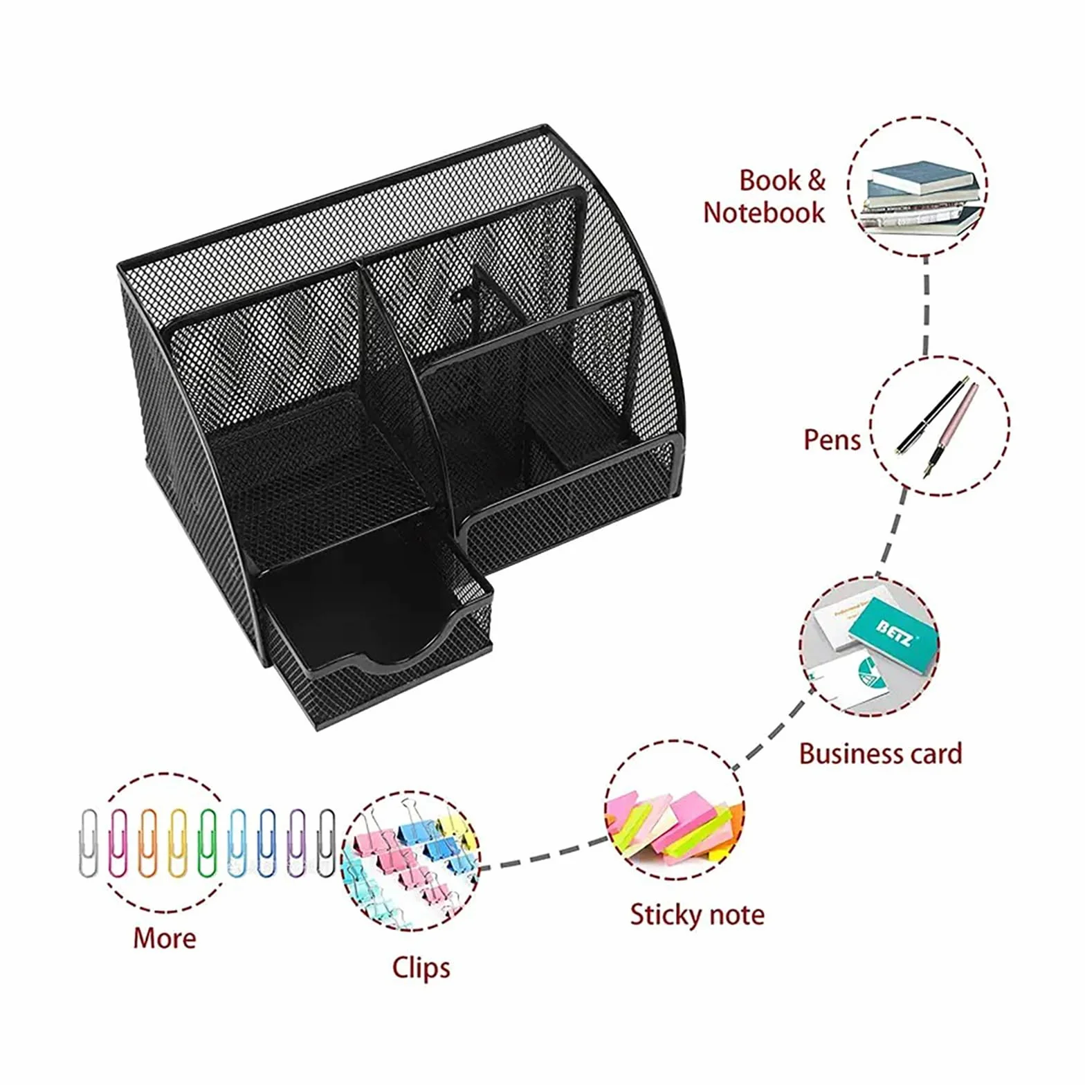 Detectalia Organisateur de Bureau Porte-crayons Tiroir Maille Métallique 6 Compartiments Noir