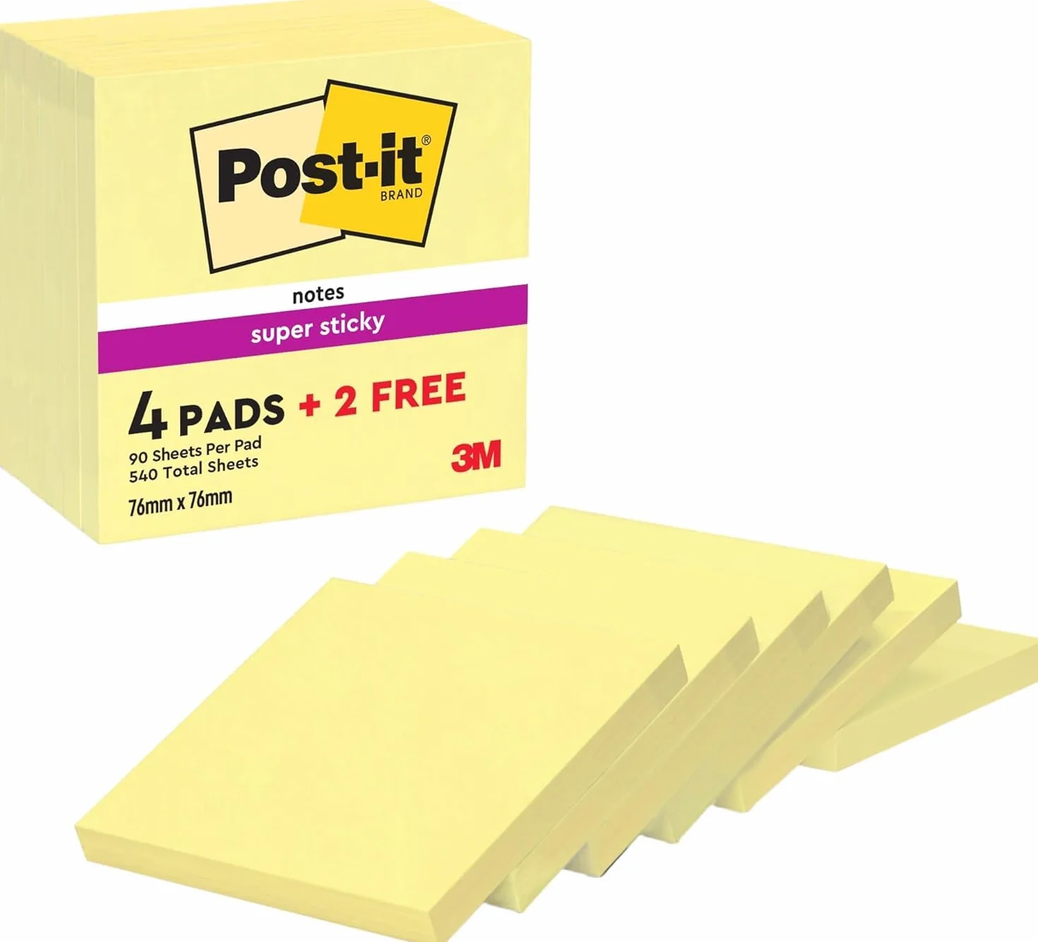 Post-it Notes Autocollantes Super Sticky 76 mm x 76 mm 90 Feuilles par Bloc Jaune Canari 4 Blocs + 2 Gratuits