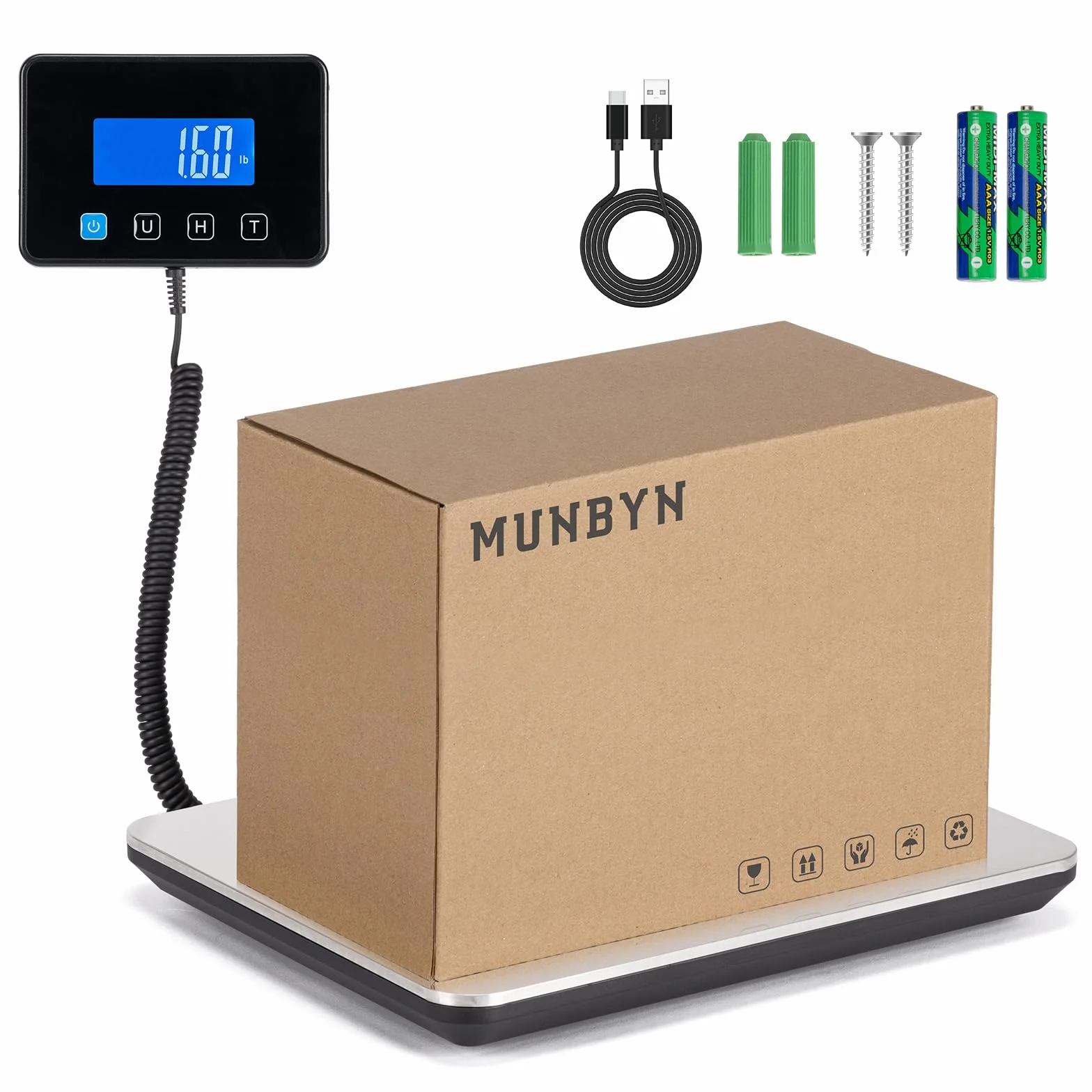 MUNBYN Balance Colis 200kg/440lbs Professionnelle Électronique avec Hold/Tare, Support Pliable, LCD