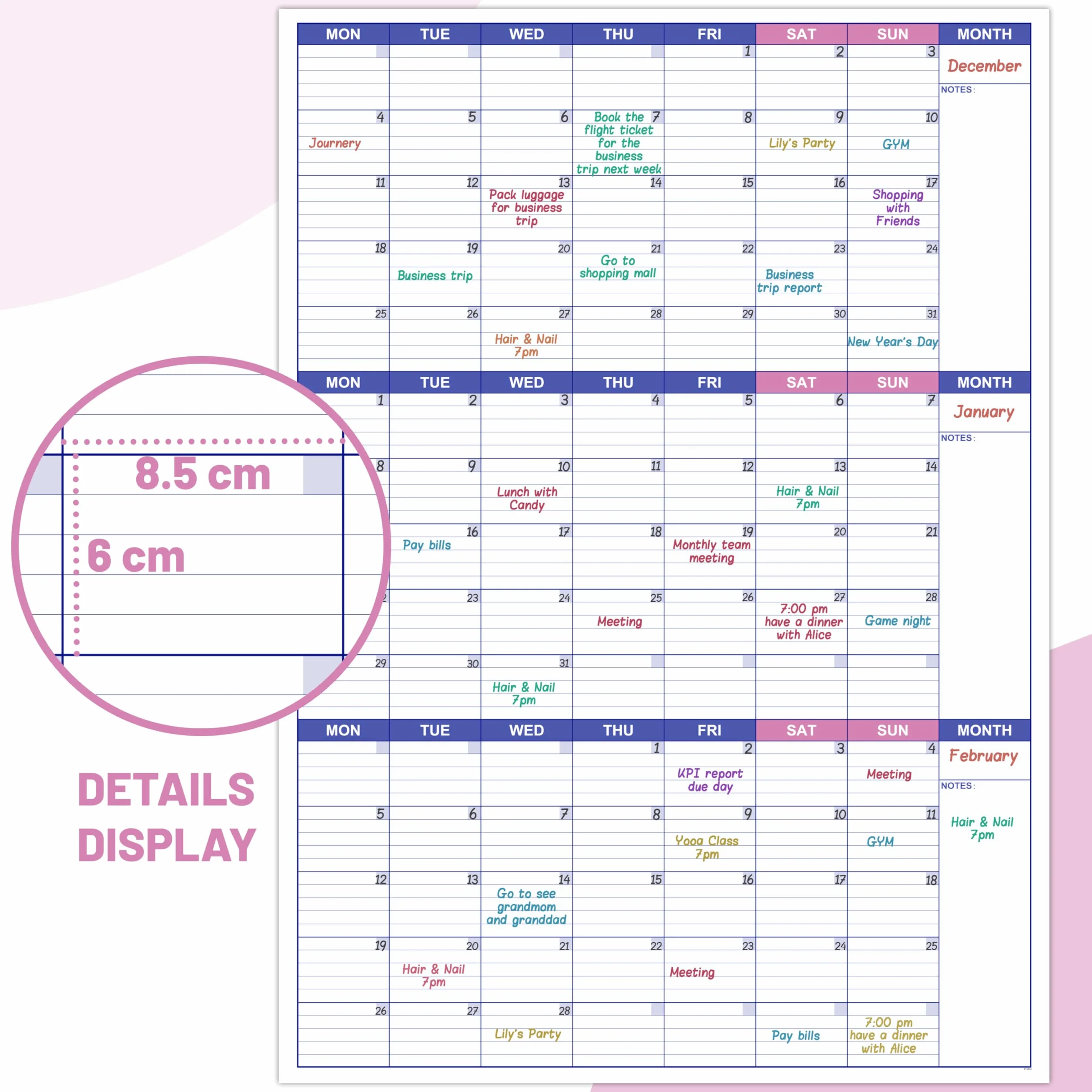 Grand calendrier mural non daté effaçable à sec réutilisable 101 x 73 cm planificateur trois mois organisateur objectifs tâches maison bureau