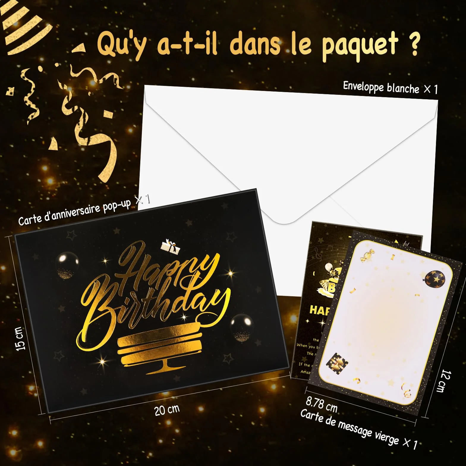 Carte d'anniversaire pop-up 3D avec lumières et son, bougie LED soufflée, carte musicale chantante Noir et doré