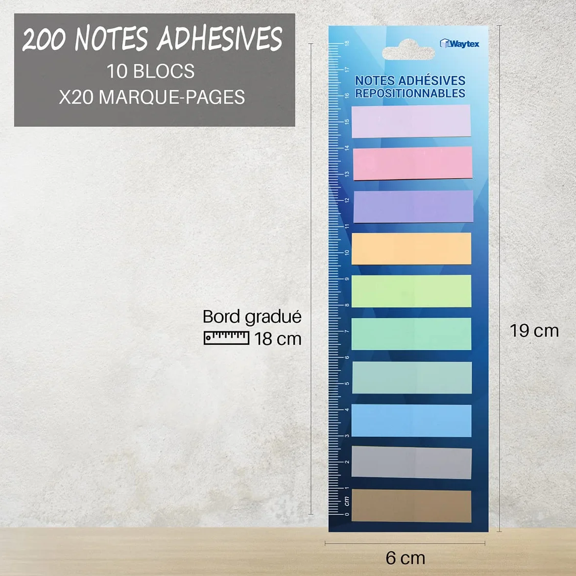 WAYTEX 200 Marque-pages adhésifs repositionnables plastifiés 10 couleurs 45 x 12 mm