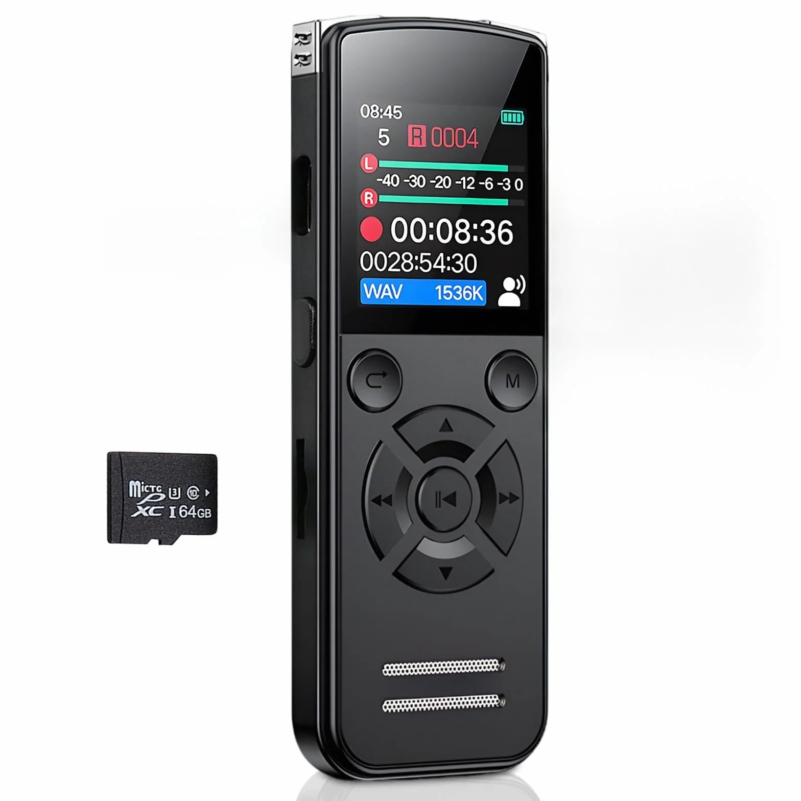 Dictaphone Enregistreur Vocal 64 Go Mini Audio Numérique 1536 Kbps Écran TFT USB-C Rechargeable