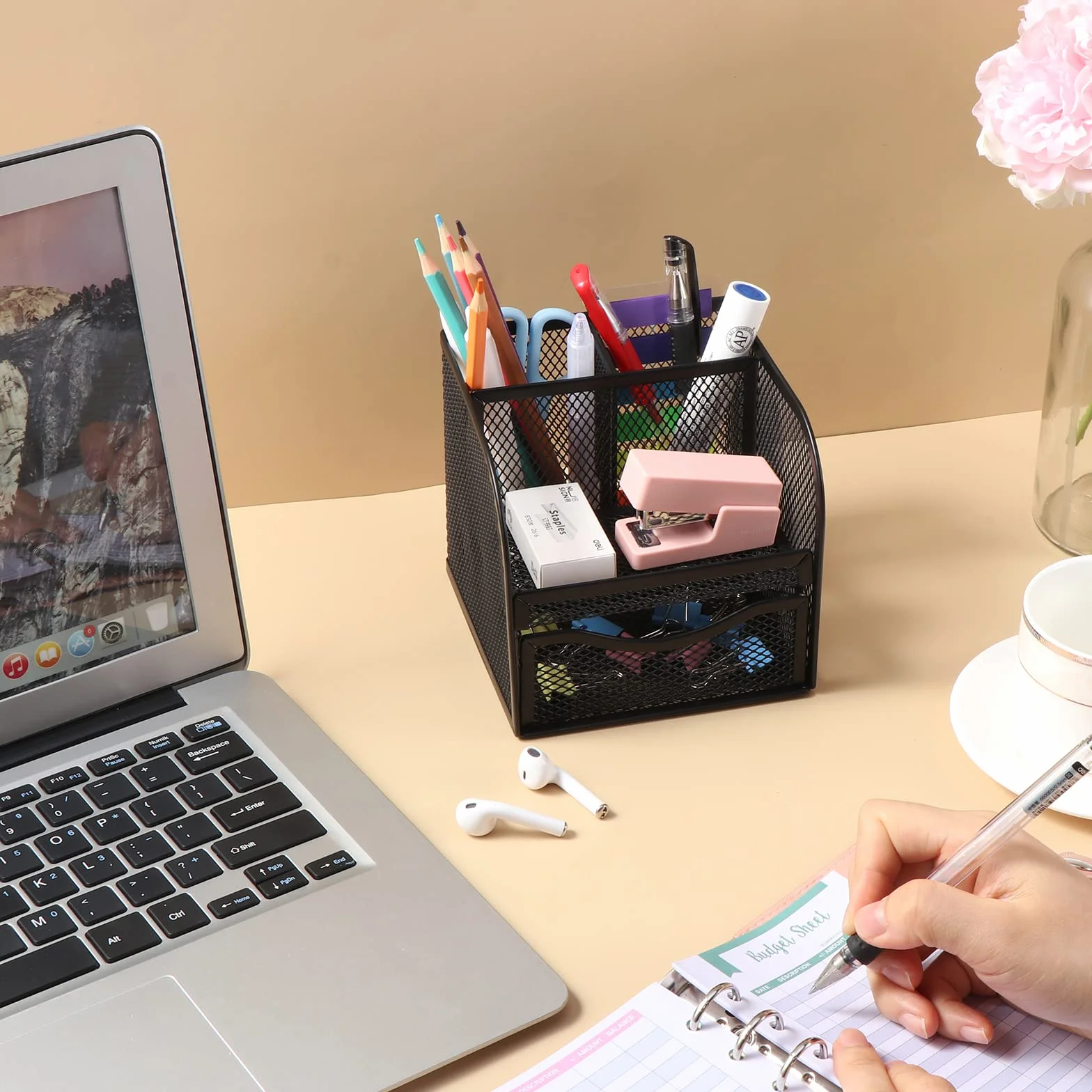 Vinabo Organisateur de Bureau en Filet Métallique, Pot à Crayon avec 4 Compartiments de Tri et Tiroir Coulissant
