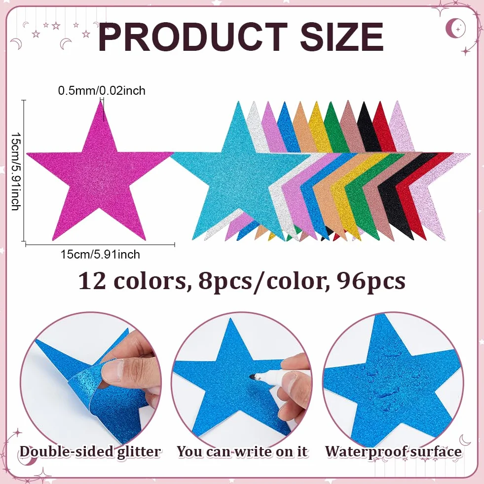 PH PandaHall 96pcs 12 Couleurs Étoiles Scintillantes Papier Découpé Double Face 15cm Confettis Décorations Noël Mariage Fête