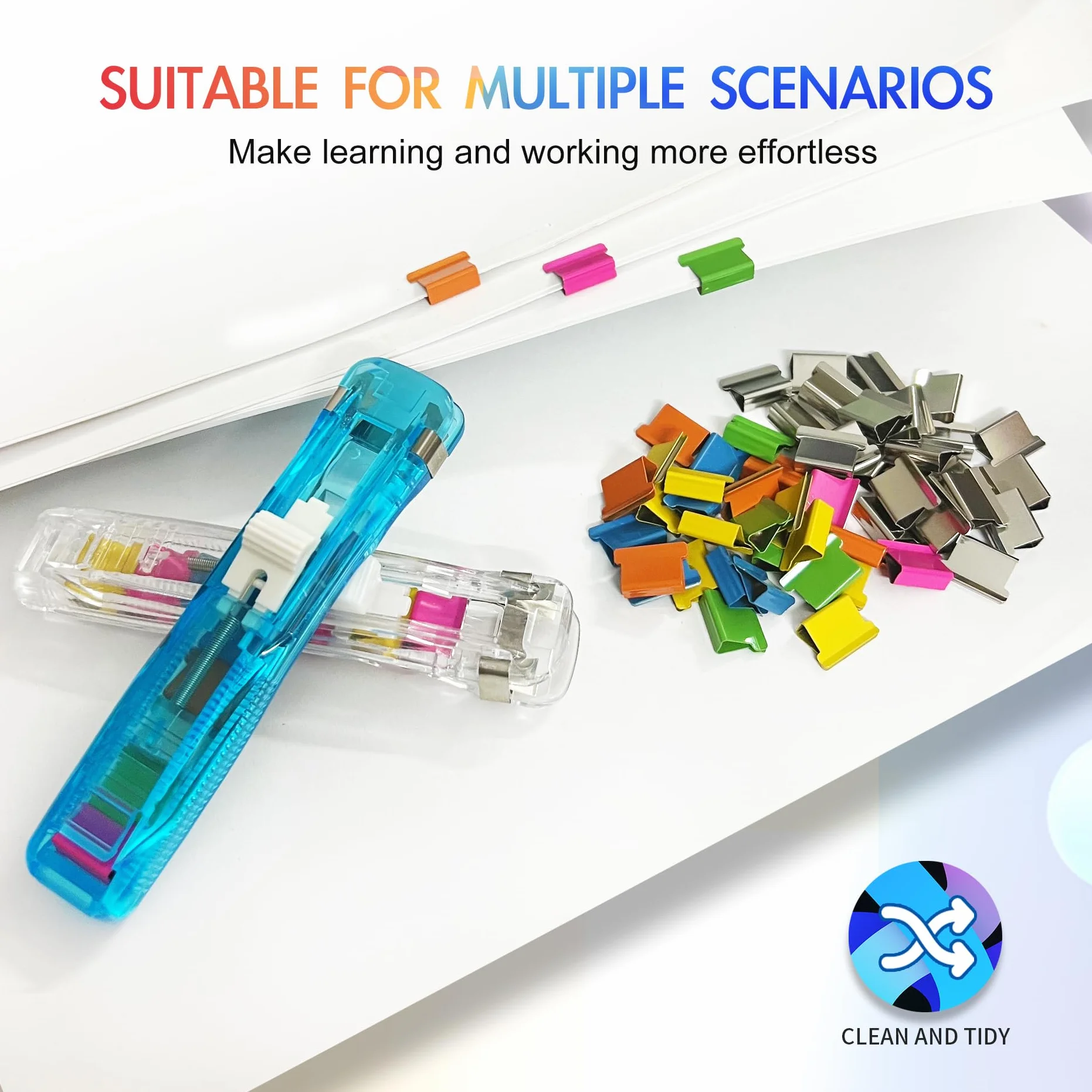 Distributeur de pinces créatif rechargeable, avec 100 clips, pour bureau maison école (Bleu/blanc)