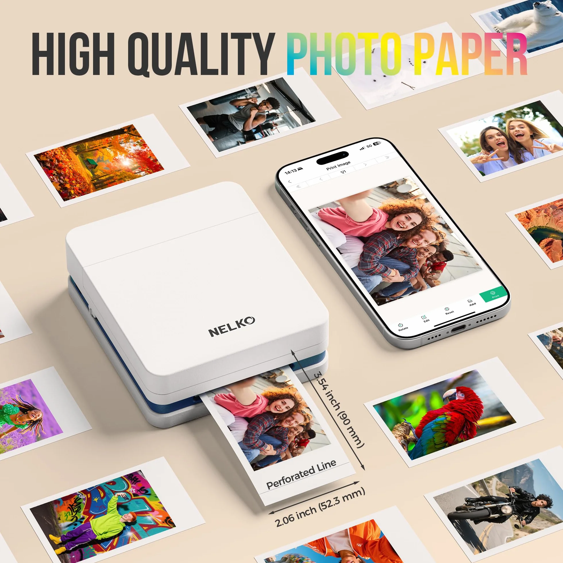 Papier Photo Premium Nelko 52.3x90mm 100 Feuilles Autocollantes pour Imprimante PP01 Blanc