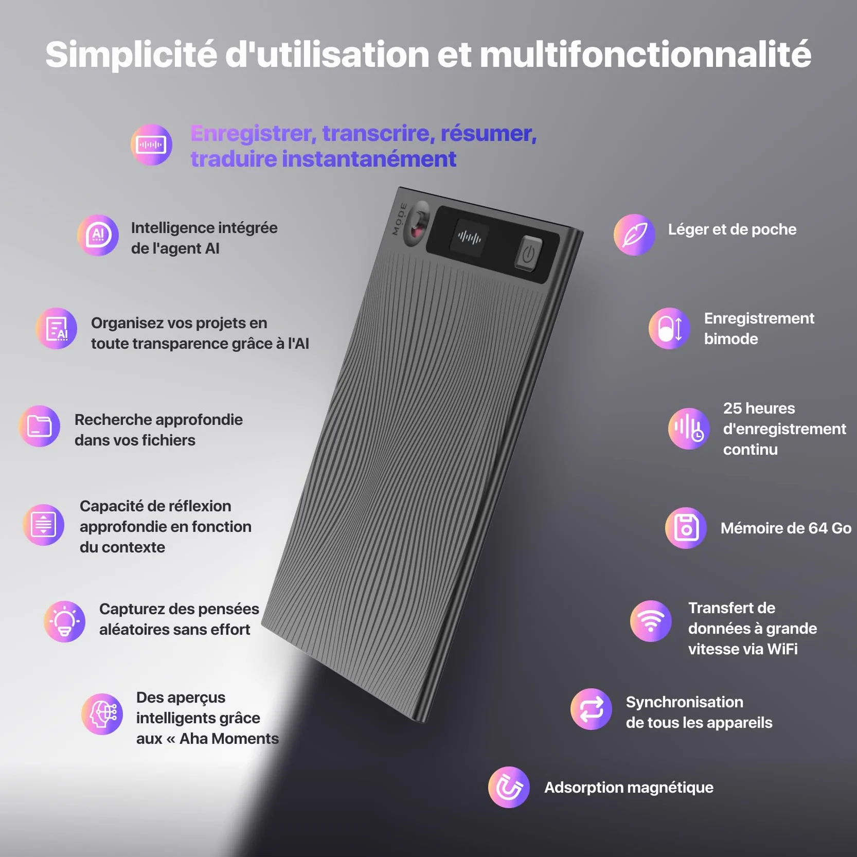 Mobvoi TicNote Enregistreur Vocal IA 64 Go Mémoire Étui Contrôle Application 100+ Langues Audio Numérique Appels Conférences Réunions
