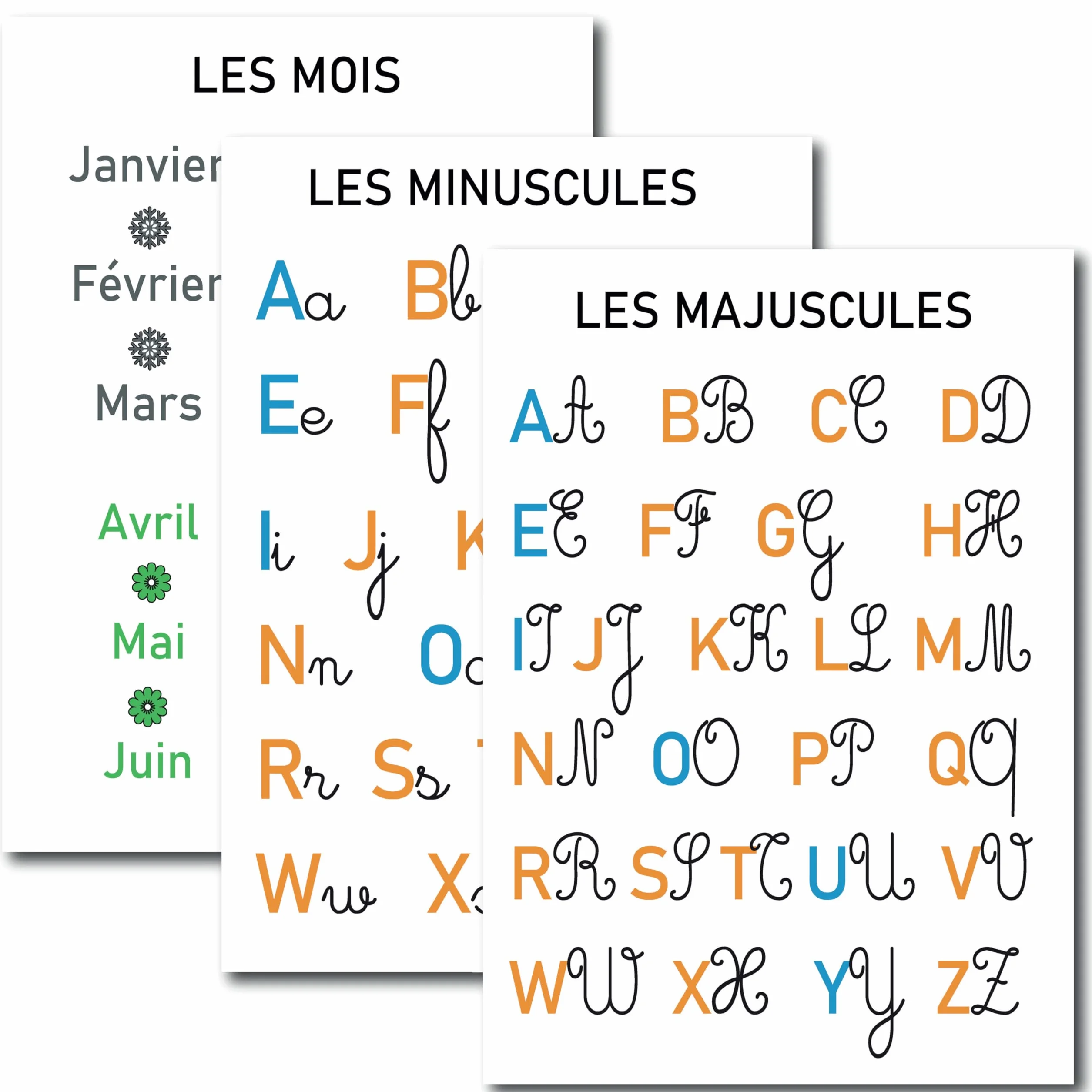 Affiches Pédagogiques A3 Alphabet Cursive Majuscules Minuscules Voyelles Consonnes Mois Saisons Posters Éducatifs Maternelle CP CE1