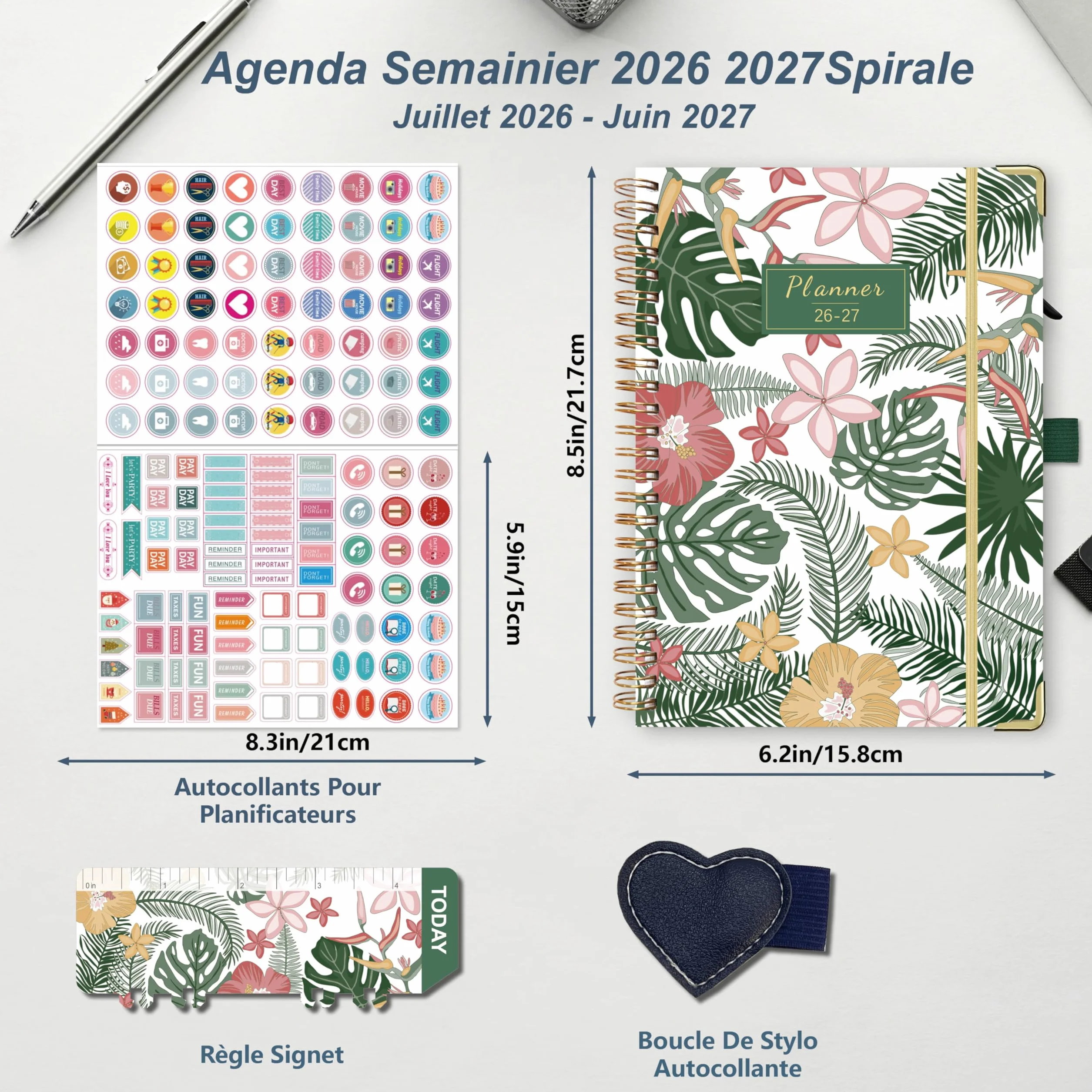 NEYSA Agenda Semainier 2026-2027 A5 Spirale Juillet 2026 - Juin 2027 avec boucle de stylo, règle signet et autocollants