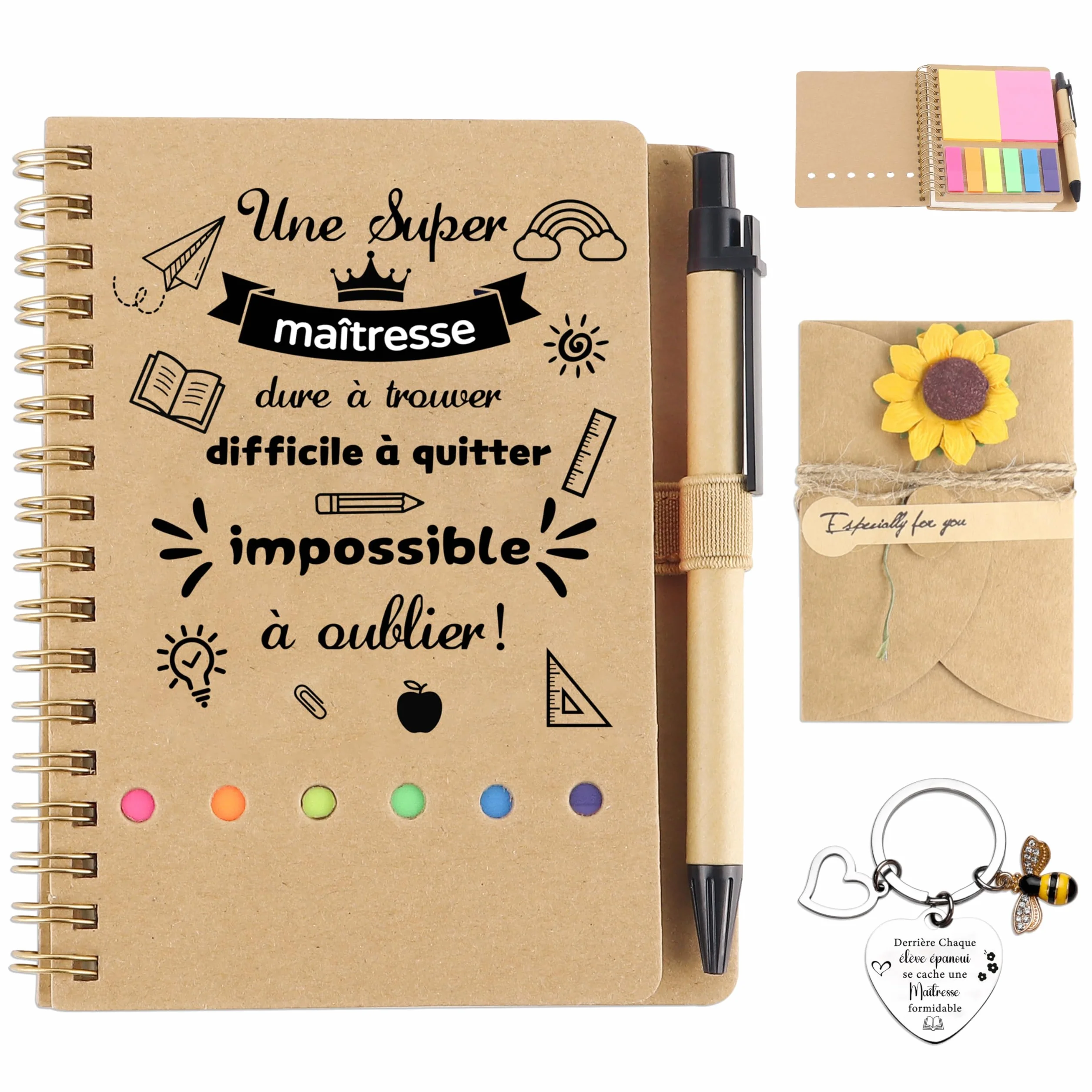 Merclix Cadeau Maîtresse d'École Porte Clef Stylo Carnet Fin d'Année Noel Retraite Anniversaire