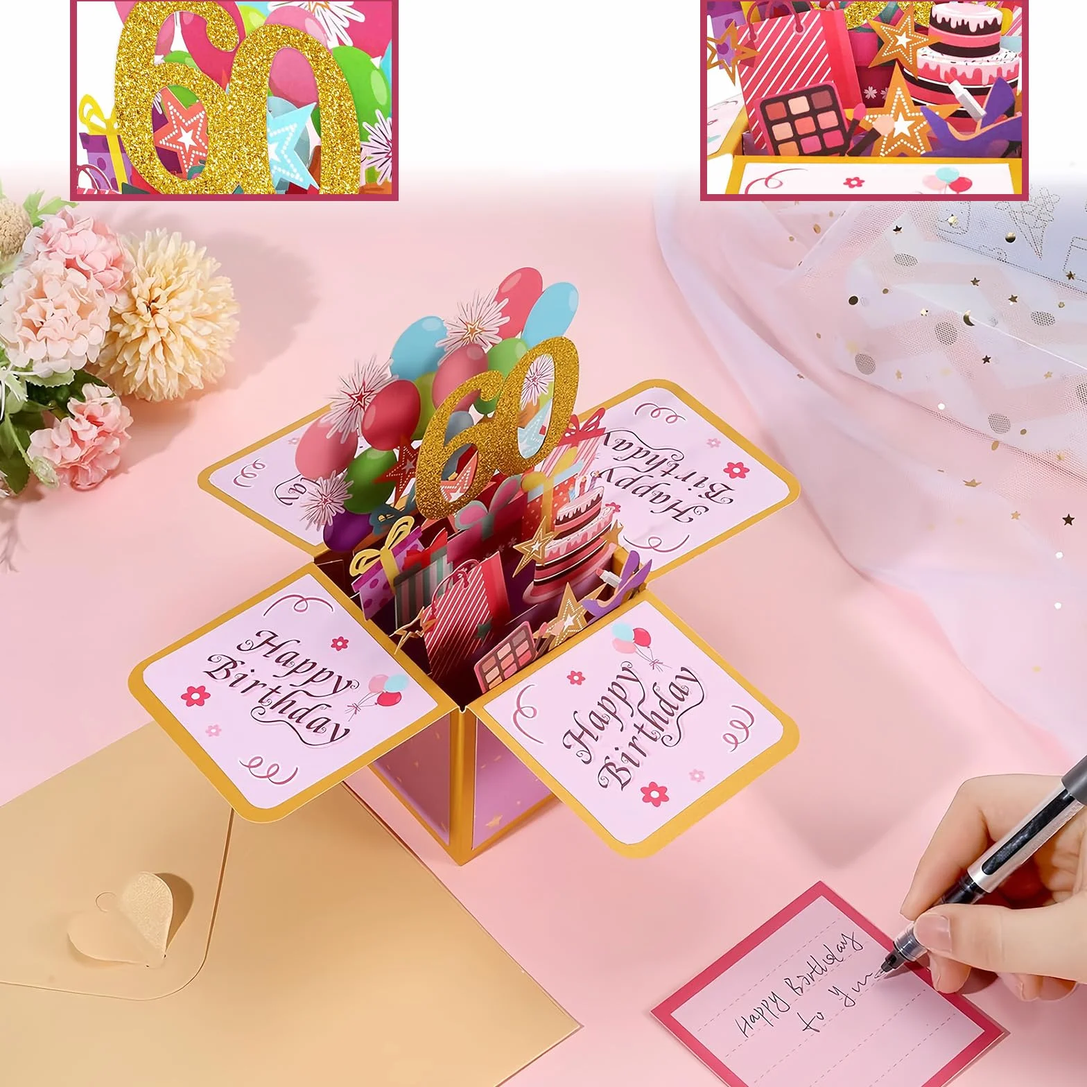 Carte Pop Up Anniversaire 10 Ans Or Rose 3D avec Enveloppe pour Fille