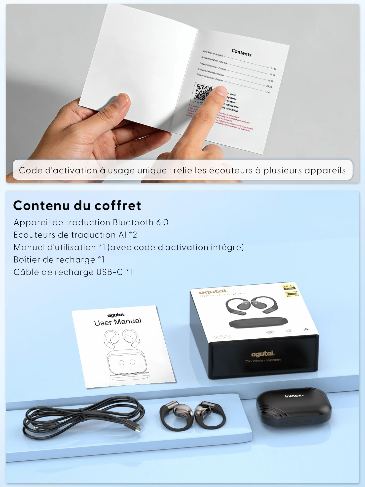Écouteur Traducteur Instantané AI Vocal 164 langues Bluetooth 6.0 3 en 1 40H autonomie Casque sans fil 7 modes