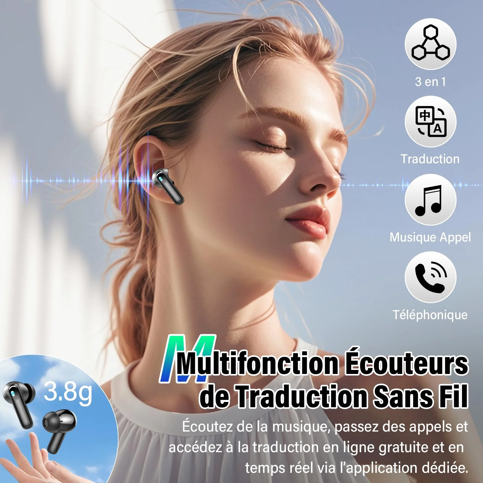 AI Écouteur Traducteur Instantané 164 Langues, ANC/ENC Réduction du Bruit, IPX7 Étanche, 48H Autonomie