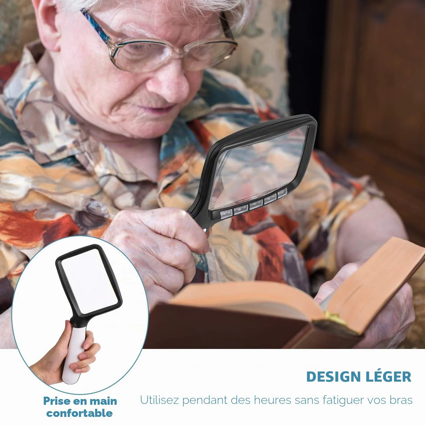 Loupe de Lecture Pliable à Main 6X avec LED à intensité Variable Grand Format pour Personnes âgées