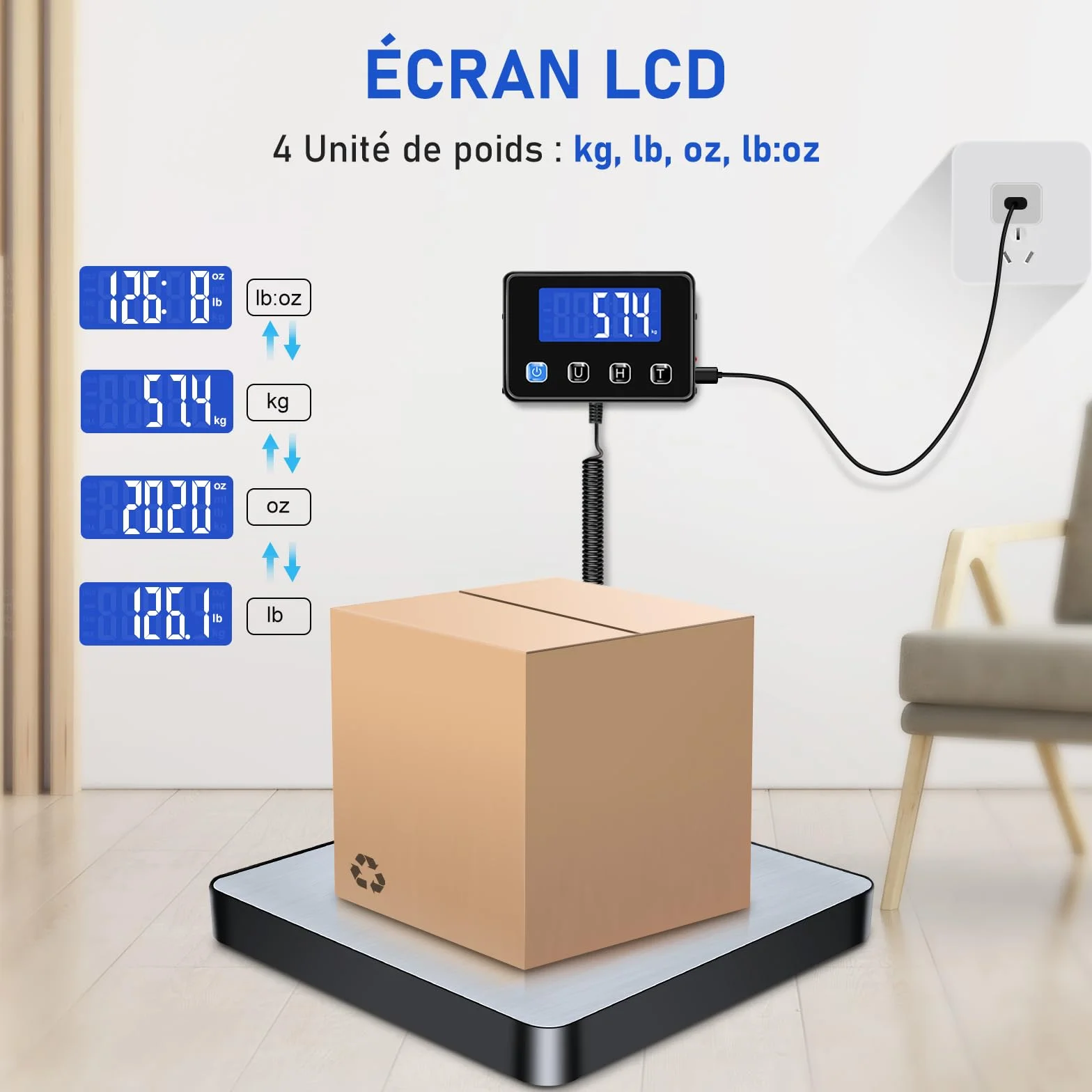 Balance Colis 200kg/10g Haute Précision Acier Inoxydable avec Fonction Hold/Tara, Balance Postale Numérique Écran LCD