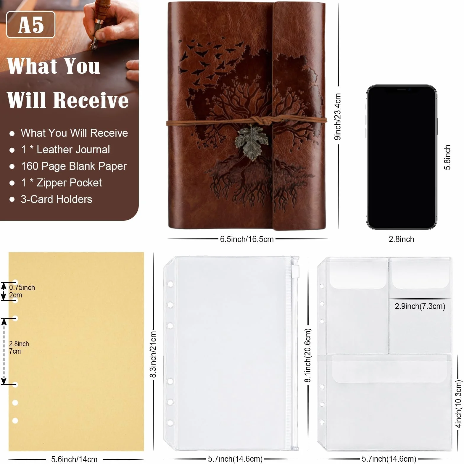 OMEYA Carnet de Notes Vintage Cuir A5 23,9 x 16,5 cm Rechargeable Brun