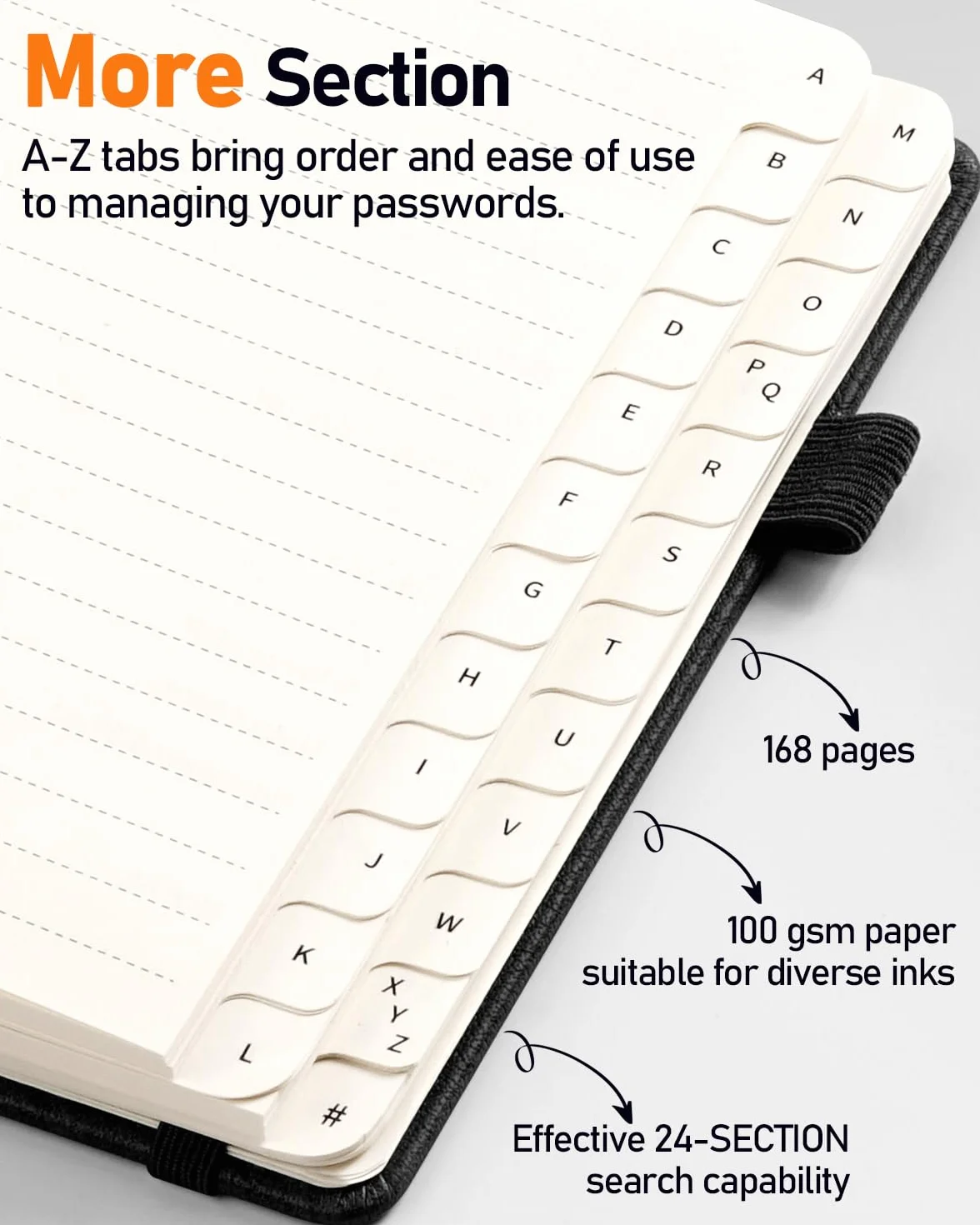 WEMATE Livre de mots de passe à spirale avec onglets alphabétiques, 4.7''x 6'', Noir