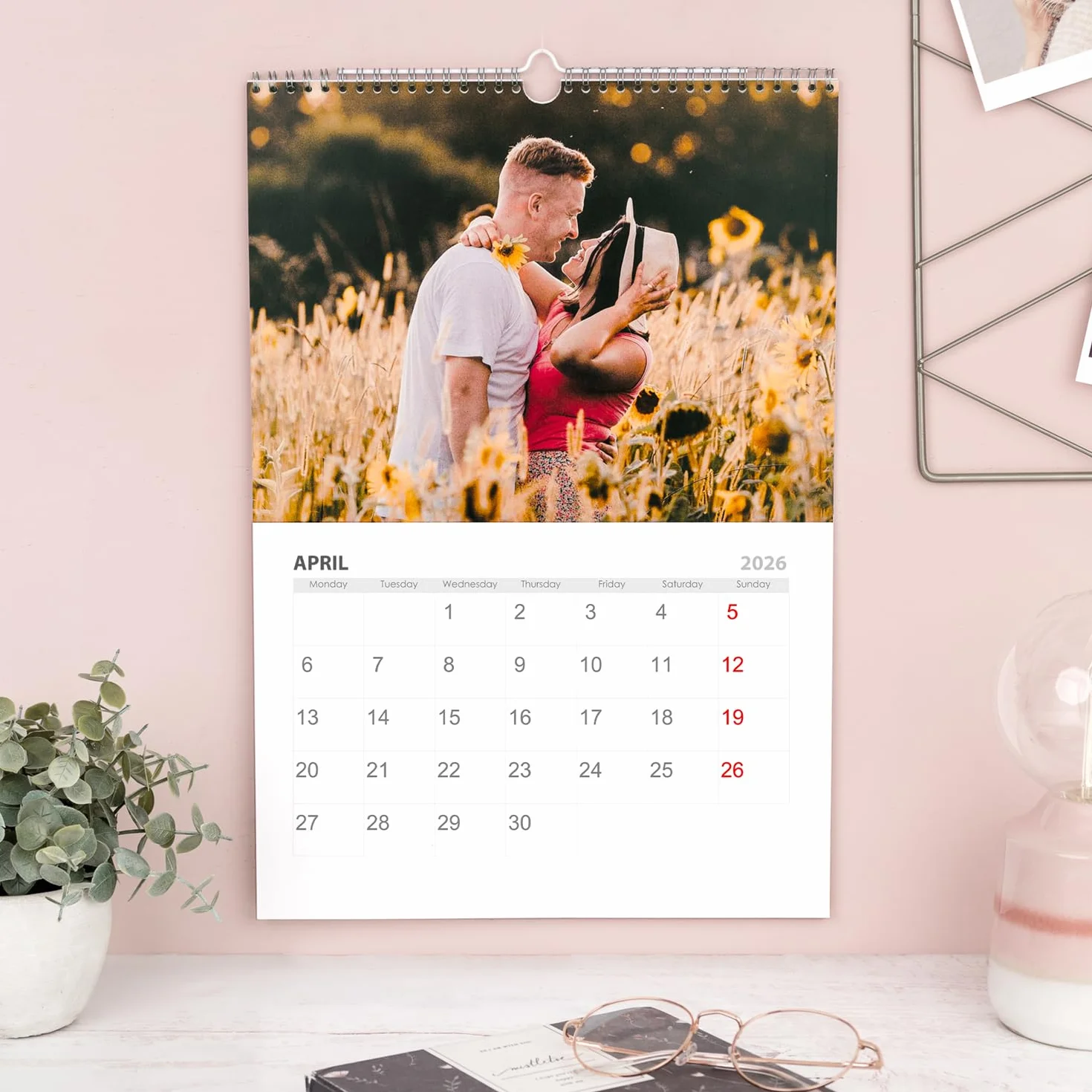 Calendrier 2026 Mural Personnalisé A3 Spirale Argenté avec Vos Photos