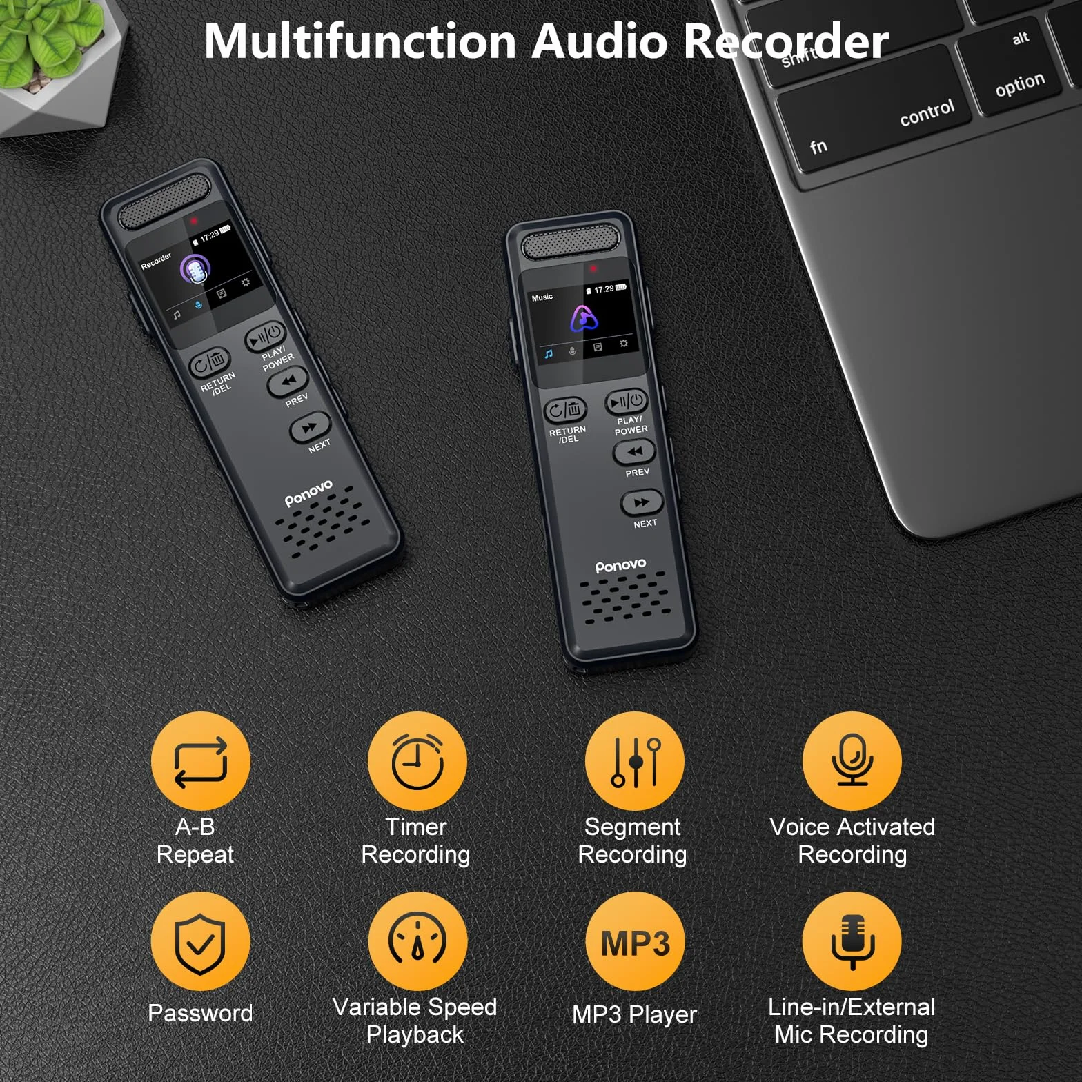 Ponovo Enregistreur Vocal Numérique 16Go 100H 1536Kbps Activation Vocale 1100mAh