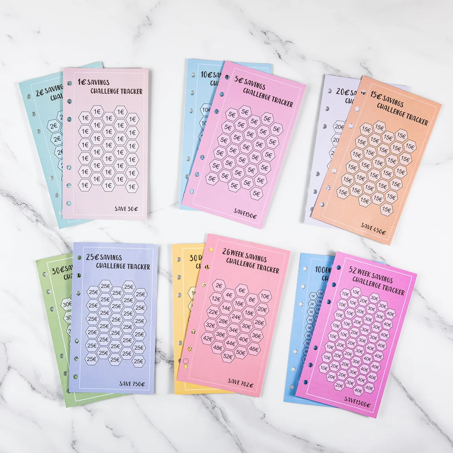 Classeur Budget Planner A6 48 Pièces Défi Économie d'Argent 1€ 2€ 5€ 10€ 15€ 20€ 25€ 30€ 30 Jours 26 Semaines 52 Semaines 100 Jours