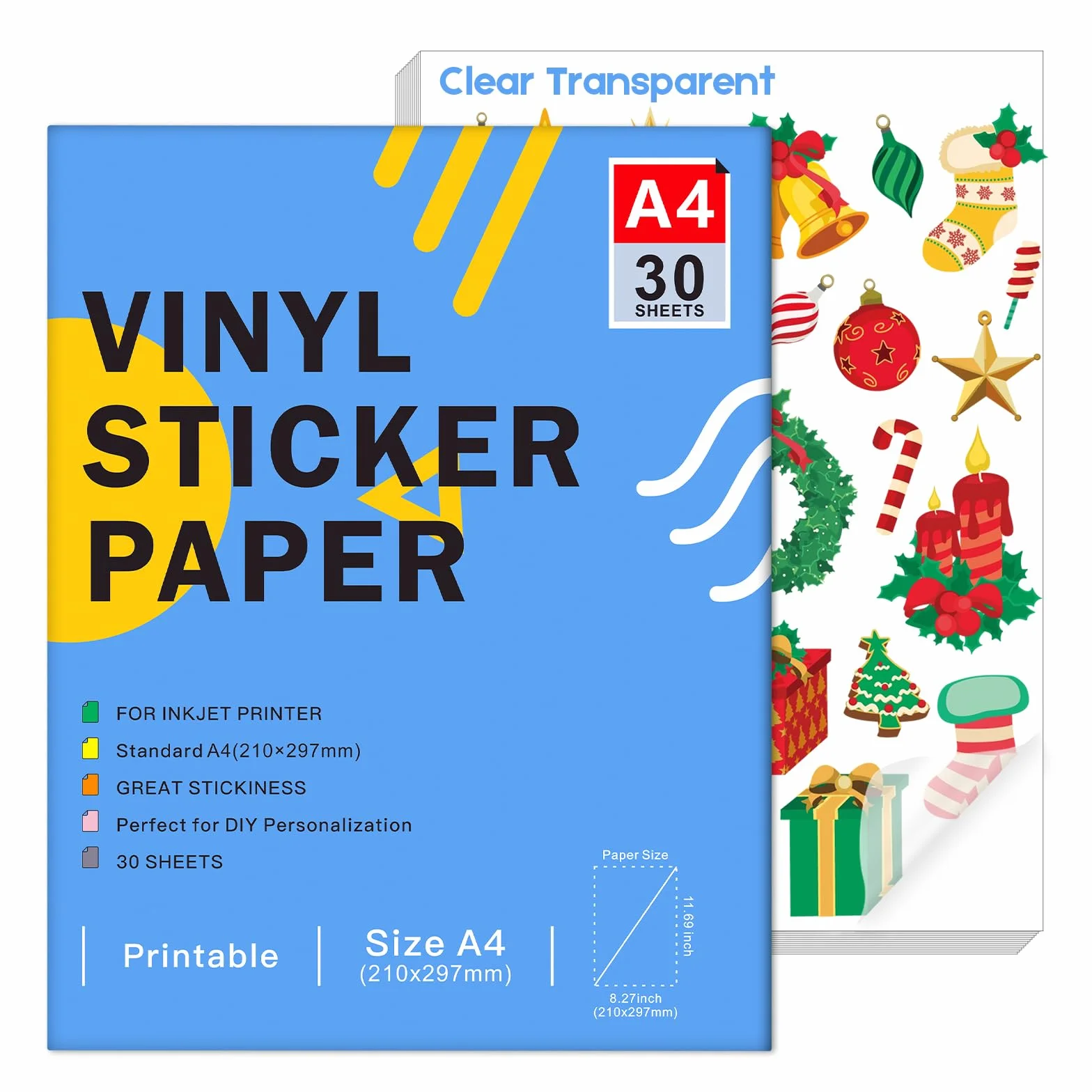 Papier Autocollant en Vinyle Transparent Imprimable A4 30 Feuilles pour Imprimante Jet d’Encre Cricut Silhouette