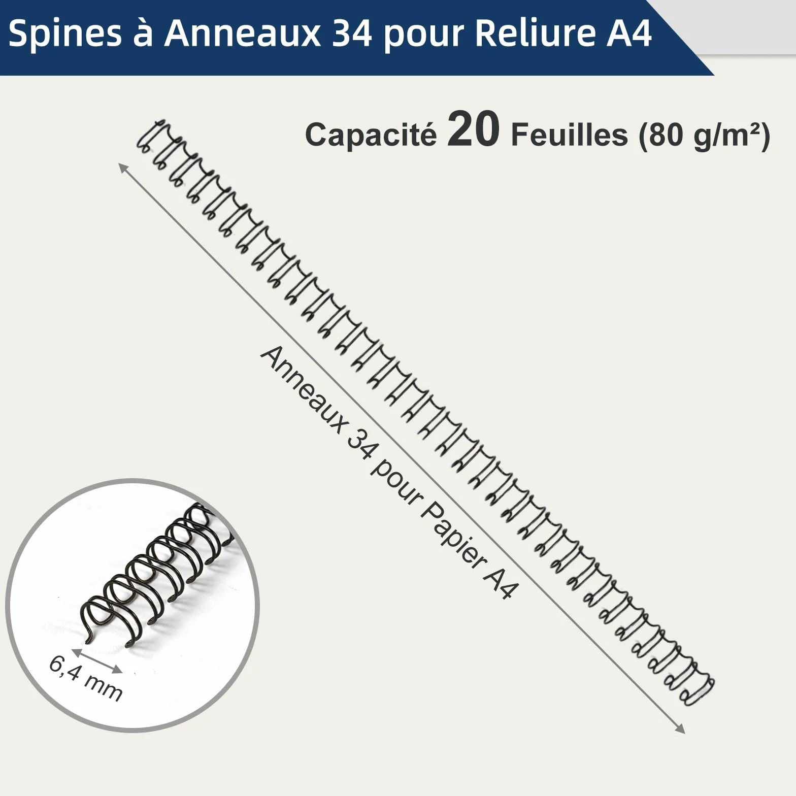 RAYSON Spirales reliure métalliques 6,4 mm 34 anneaux A4 Pas 3:1 Noir Paquet de 100