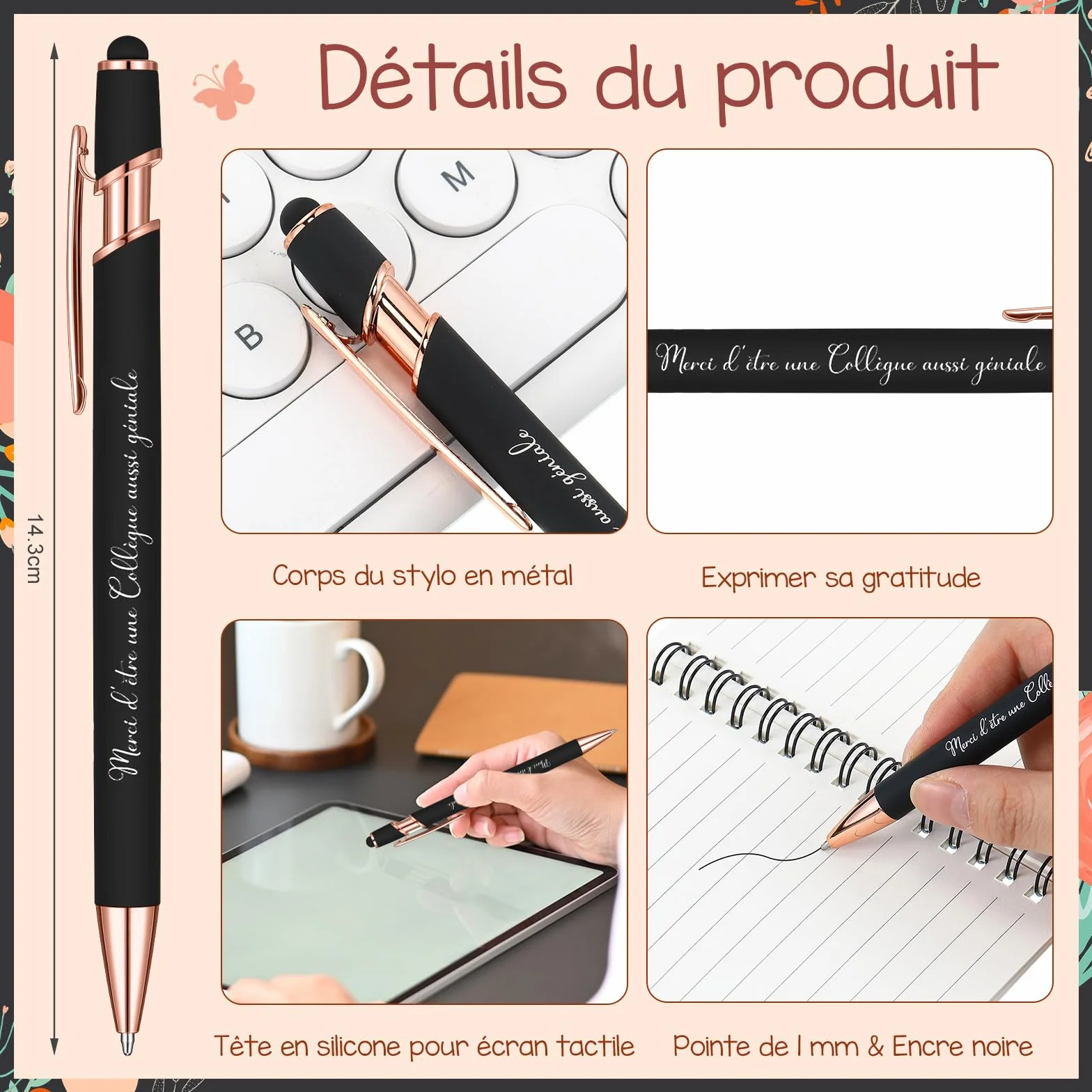 Sinmoe Cadeau pour Collègue Femme Set 3 Pièces Mini Carnet Spirale Stylo Noir Porte-Clé Fleur Départ Retraite