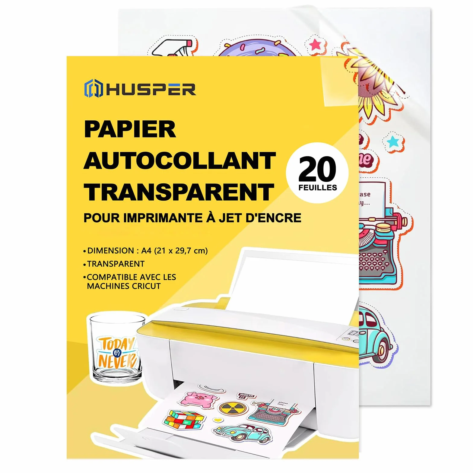 Papier autocollant vinyle transparent imprimable A4 lot de 20 feuilles