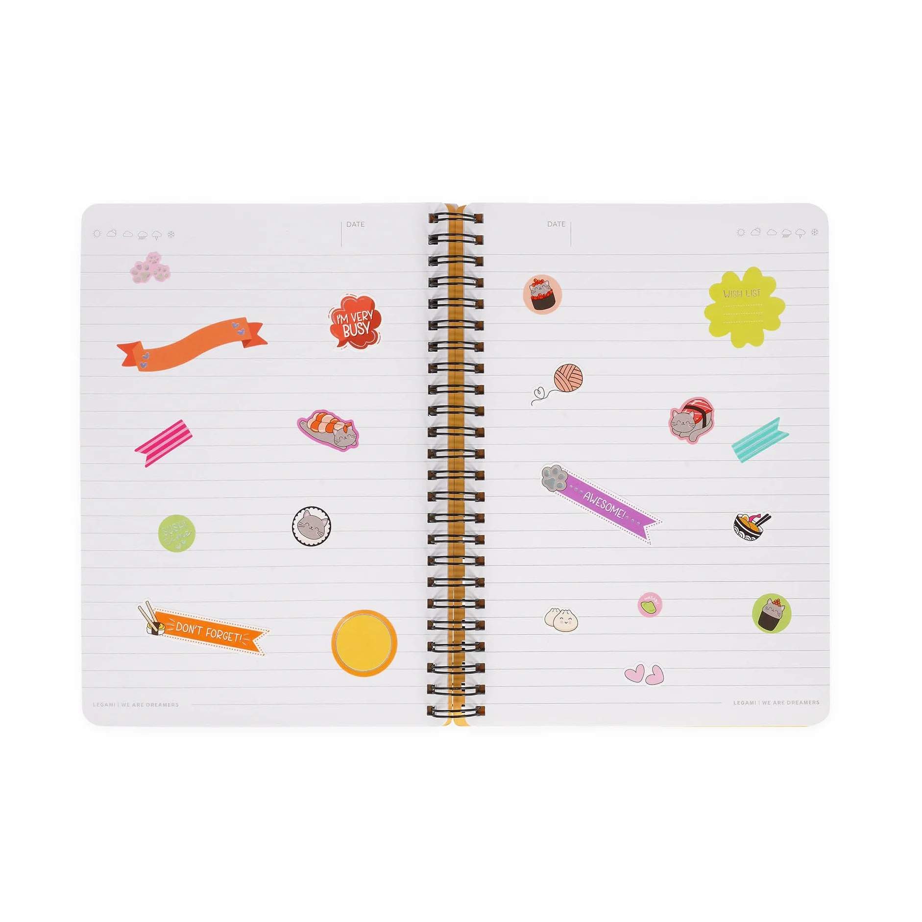 LEGAMI Cahier à spirales ligné 7 mm A4 Sushi Cat 160 pages Fermeture élastique 15 x 21 cm