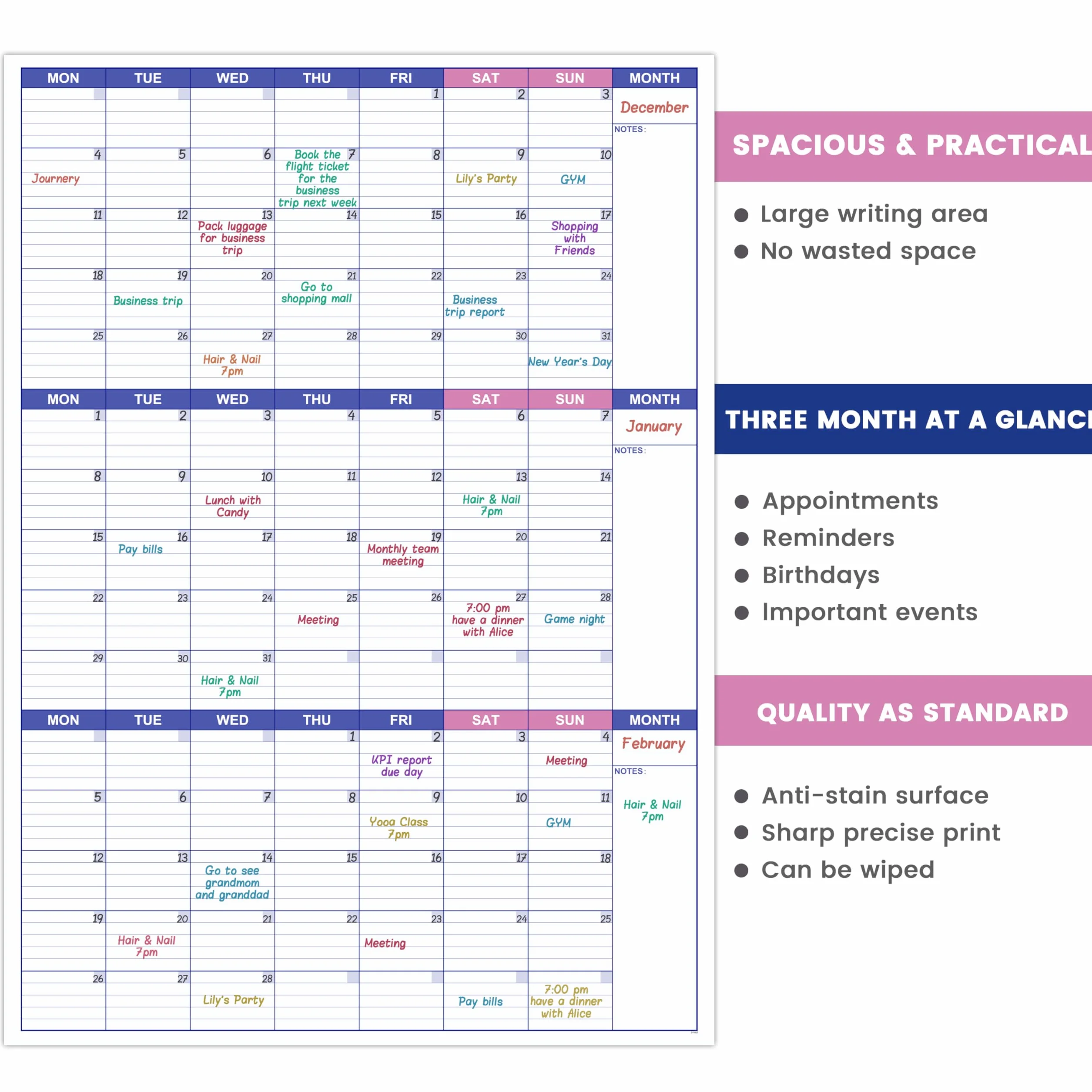 Grand calendrier mural non daté effaçable à sec réutilisable 101 x 73 cm planificateur trois mois organisateur objectifs tâches maison bureau