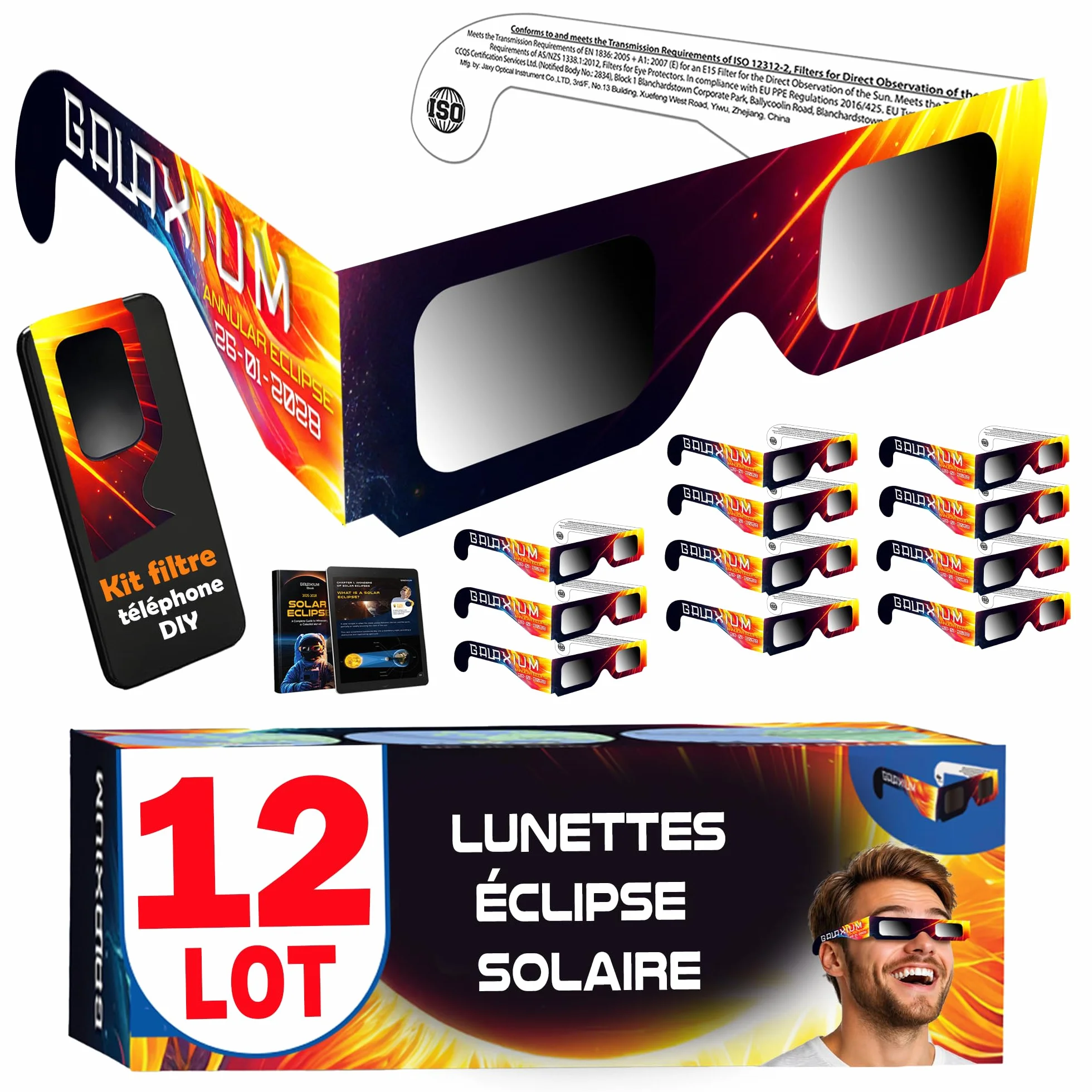 Lunettes d'éclipse solaire Galaxium Lot de 12 - Homologuées AAS 2026 Certifiées ISO 12312-2 CE