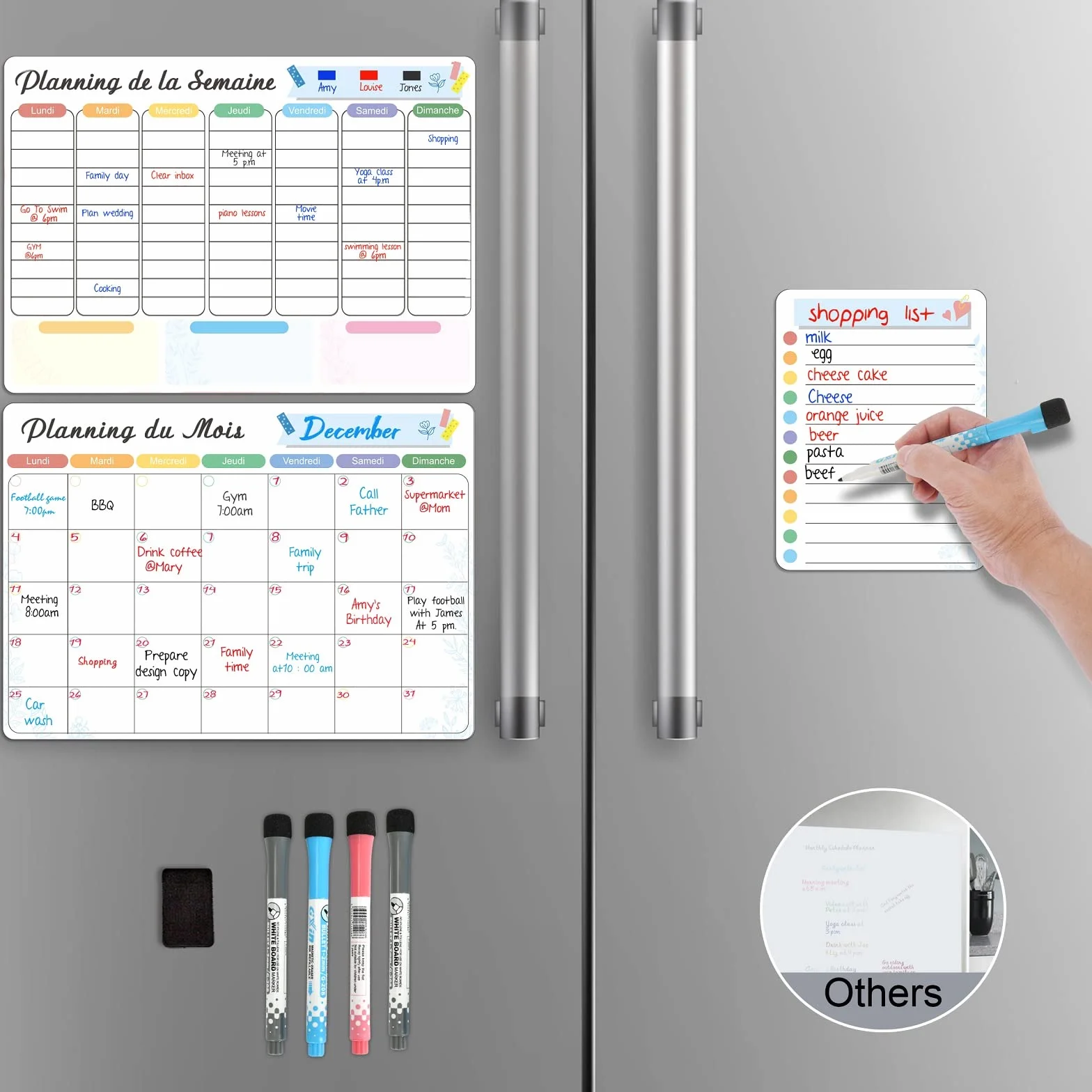 Calendrier Magnétique Effaçable à Sec pour Frigo, 3 Plannings Mensuel Hebdomadaire Quotidien, Tableau Blanc Aimanté avec 4 Marqueurs et 1 Gomme
