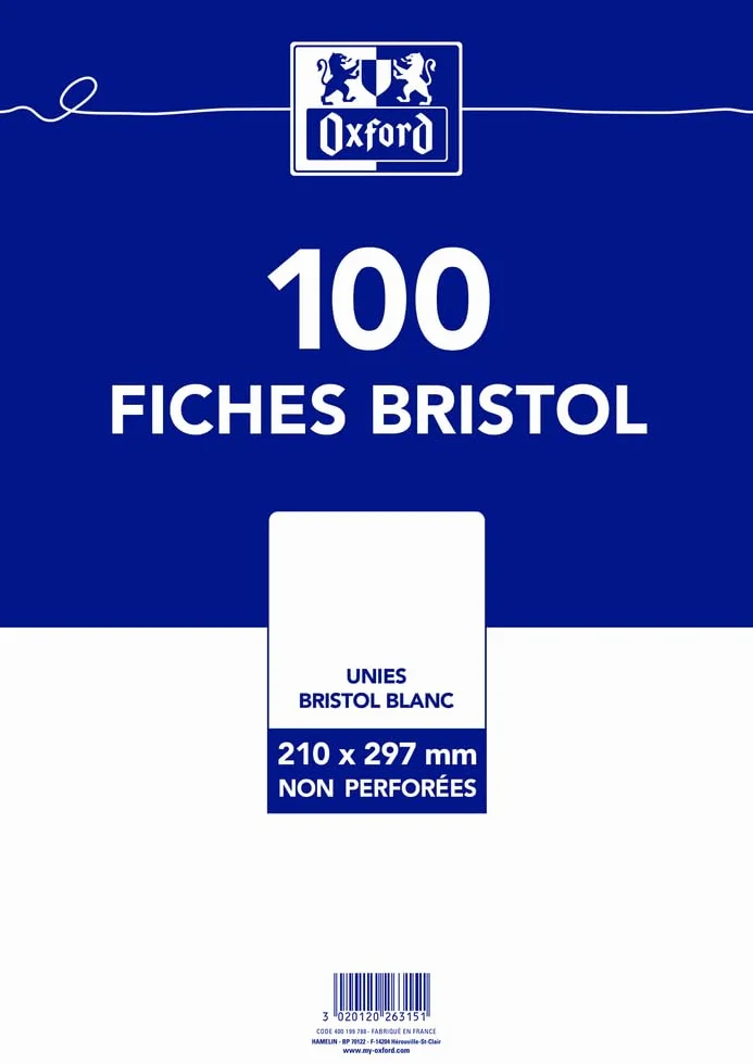 OXFORD Fiches Bristol A4 Uni 100 Fiches Blanches