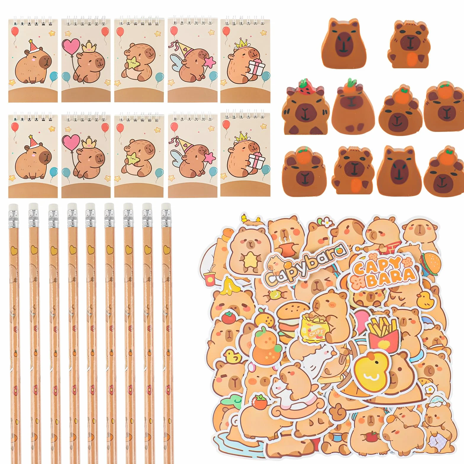 80Pcs Capybara Set de Fournitures Scolaires, Bloc-notes Spirale Autocollant Crayon Gomme, Cadeaux Anniversaire Filles Garçons