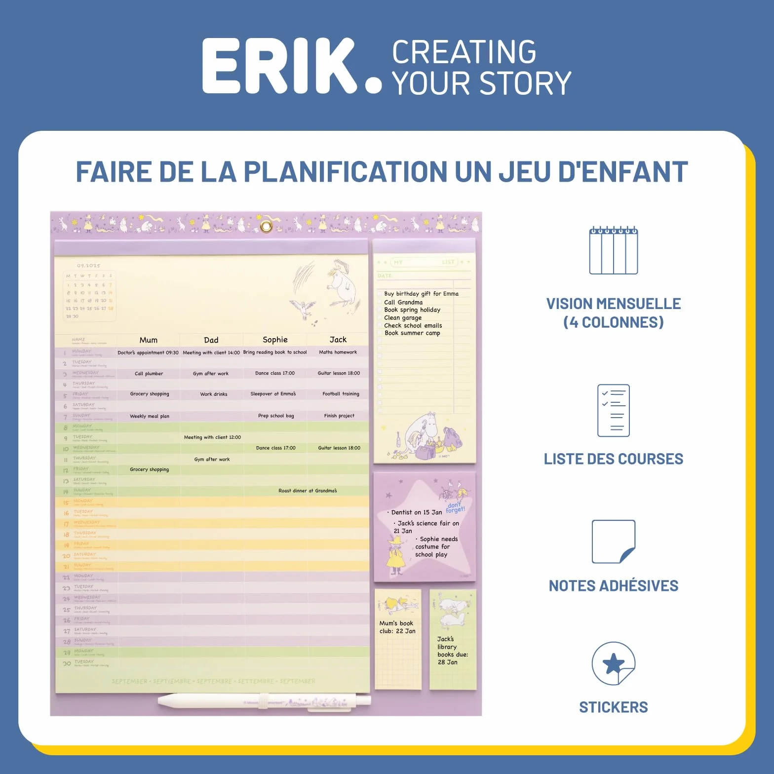Grupo Erik Calendrier Magnetique Frigo Moomin Septembre 2025 Décembre 2026 Planificateur Mensuel 16 mois Calendrier Familial