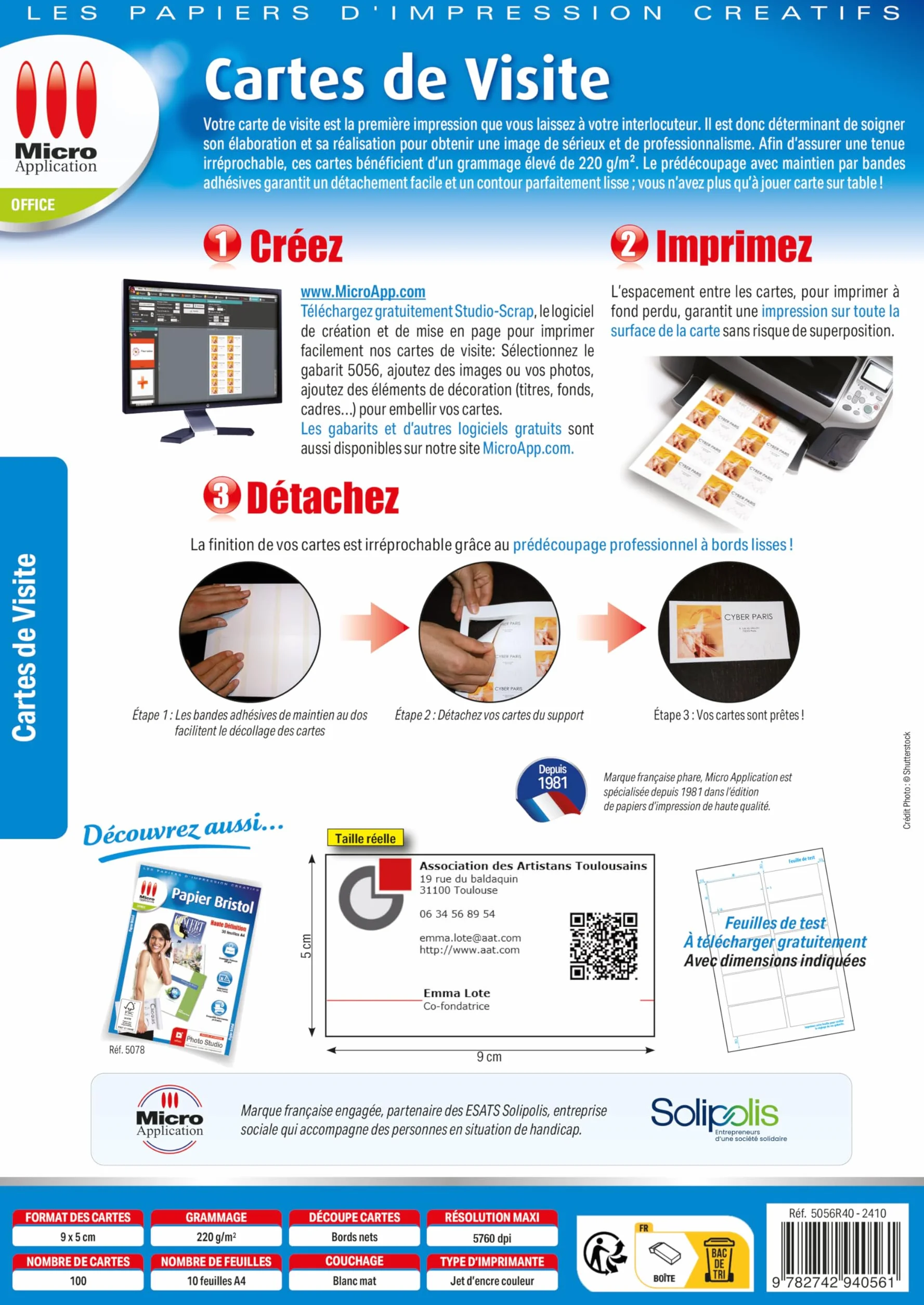 Carte de Visite Personnalisée 100 Cartes Professionnelles Vierges 9x5 cm Papier Cartonné 220g/m²