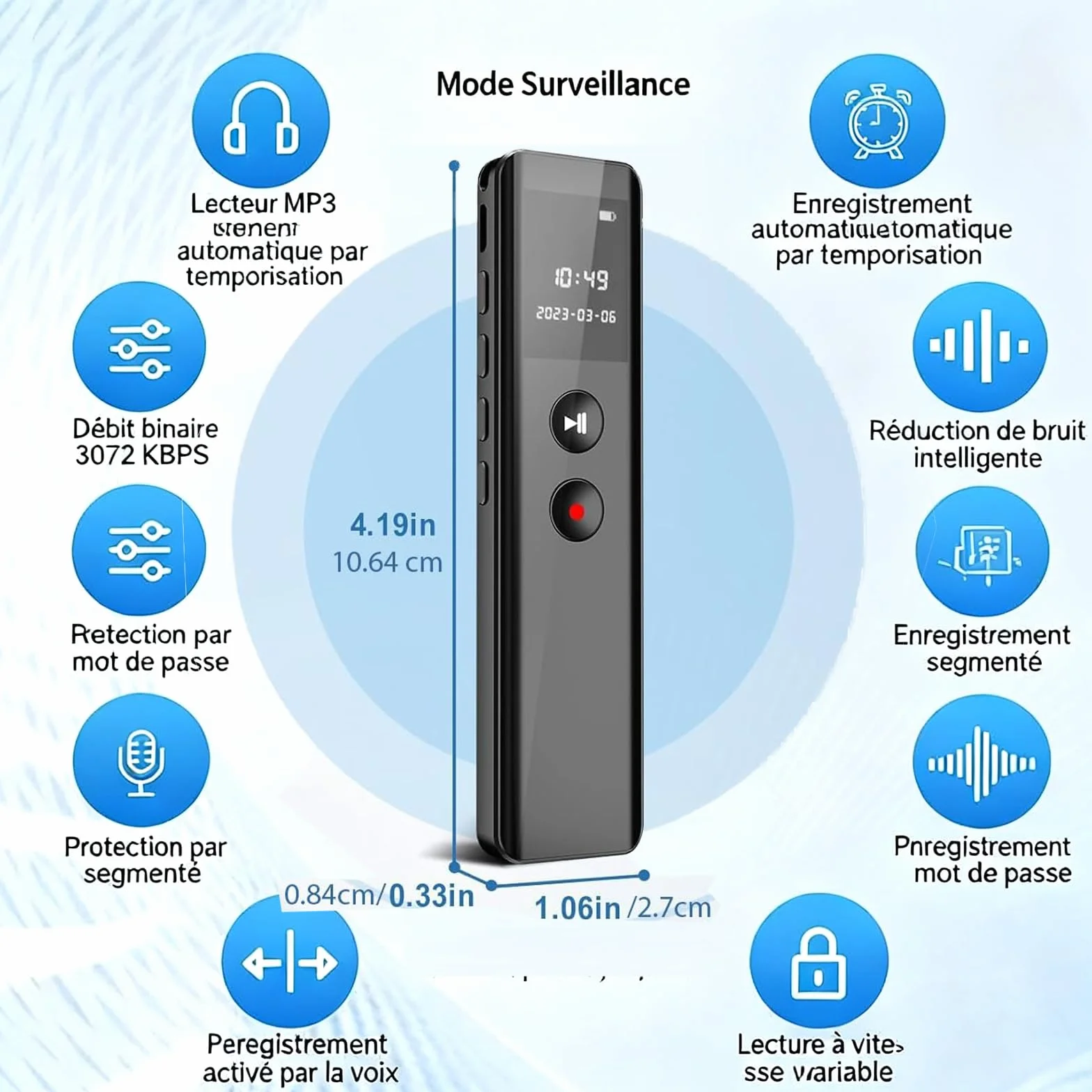 Enregistreur Vocal Numérique 128 Go Activation Vocale Enregistrement Une Touche 3072 Kbps