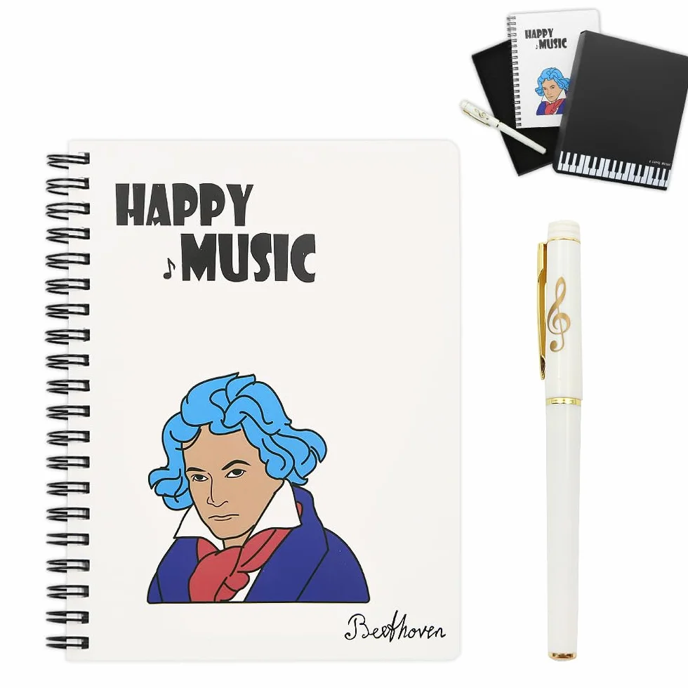 Coffret cadeau papeterie piano musical, carnet spirale feuilles mobiles stylo bille bureau école étudiant