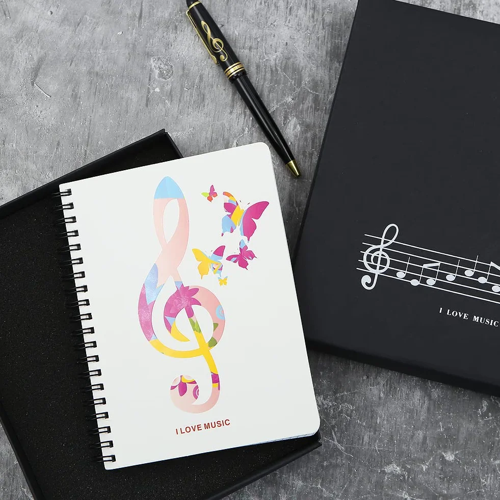 Boerni Musique Piano Melody Thème Papeterie Coffret Cadeau, Piano Wirebound Journal avec Treble Clef Design Roller Ball Pen