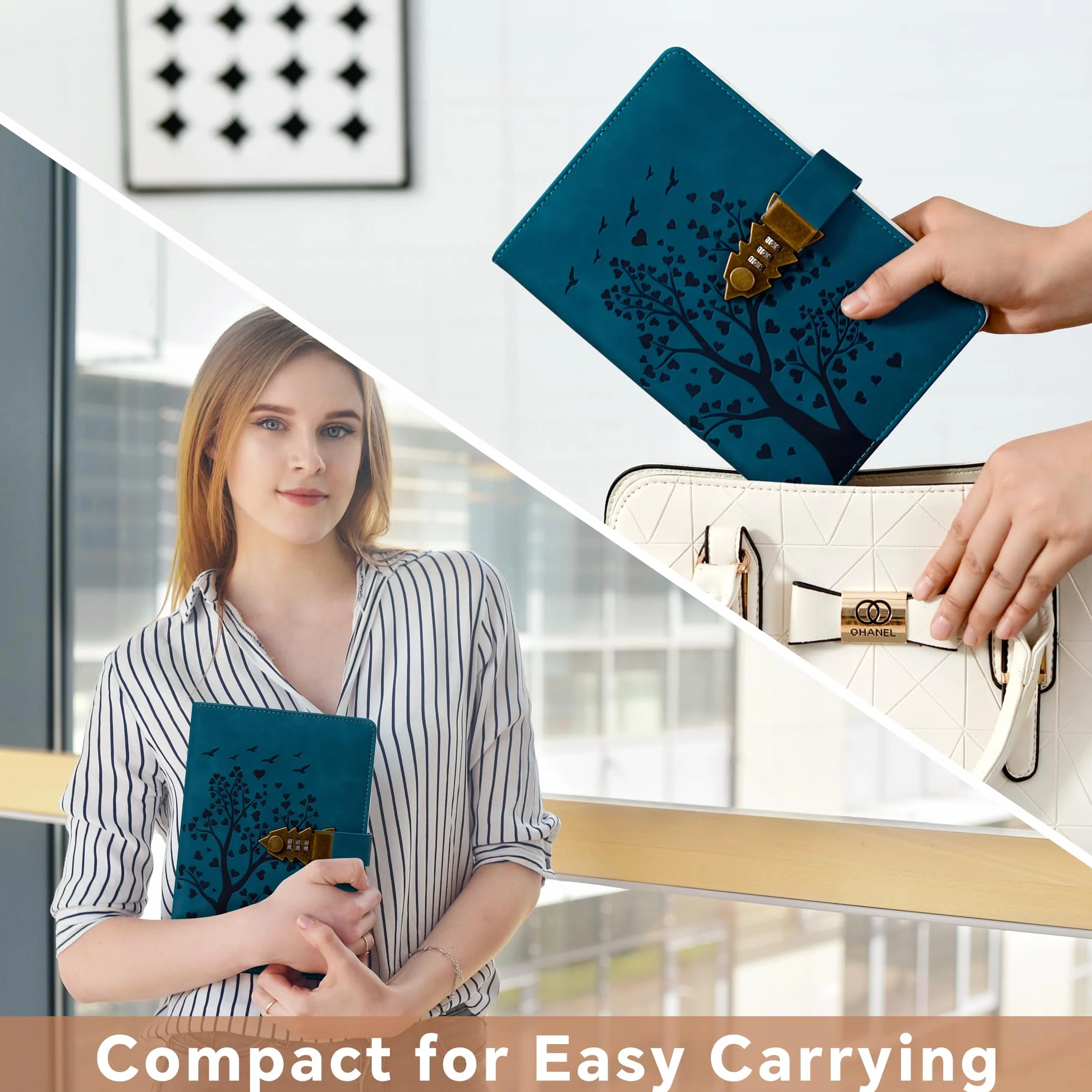 Carnet cuir PU A5 244 pages serrure combinaison motif arbre cœur bleu paon