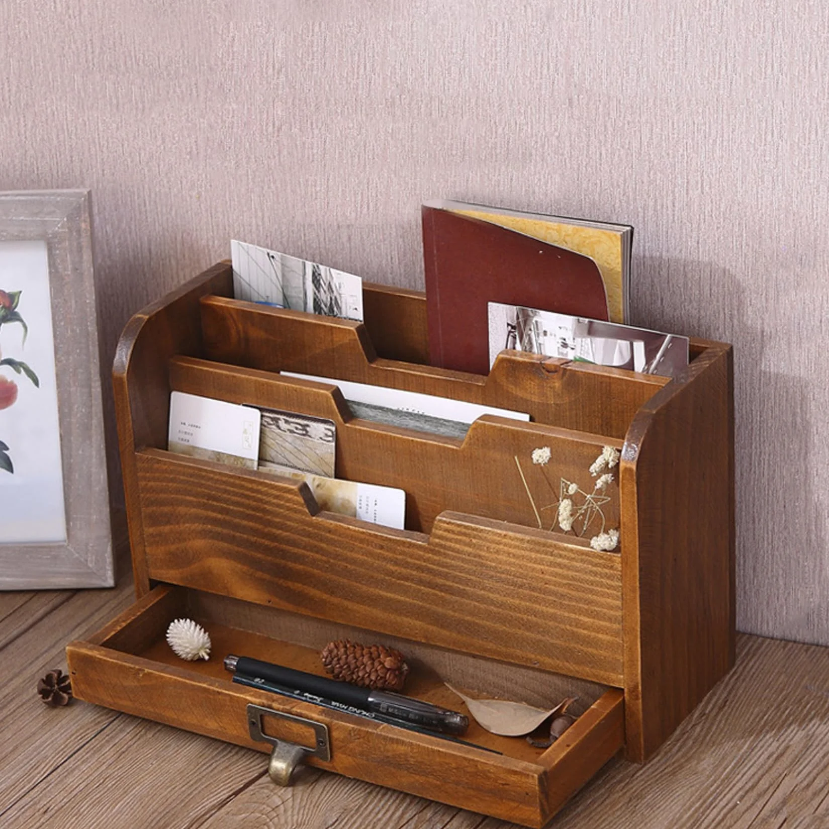 Porte-Lettres en Bois 3 Compartiments avec Tiroir, Organisateur de Bureau Marron rétro pour Courriers