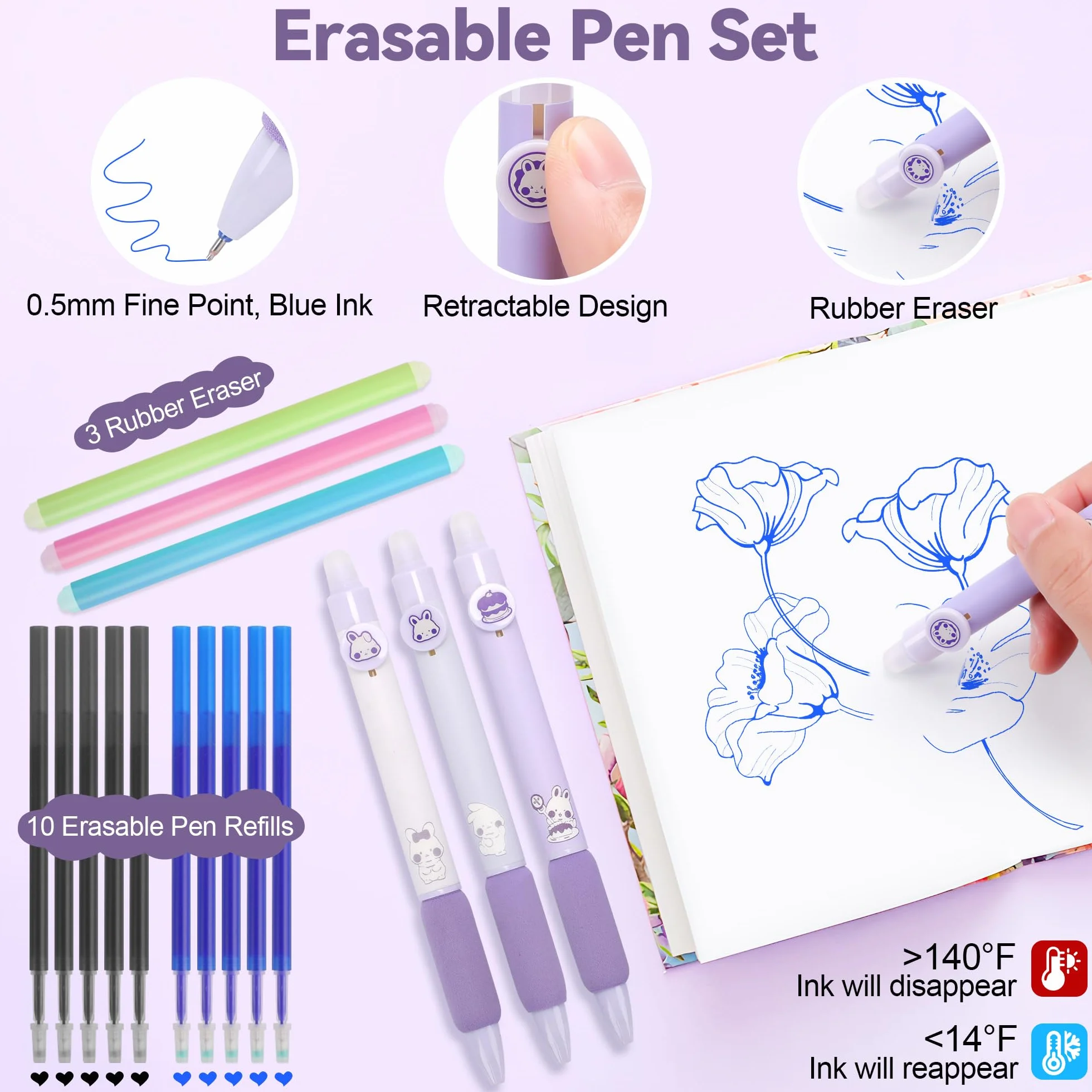 DazSpirit Lot de 61 Fournitures Scolaires Esthétiques avec Trousses, Surligneur Pastel, Stylos Effaçables, Stylos Gel, Porte Mine 0.5 mm et 0.7 mm, Violet
