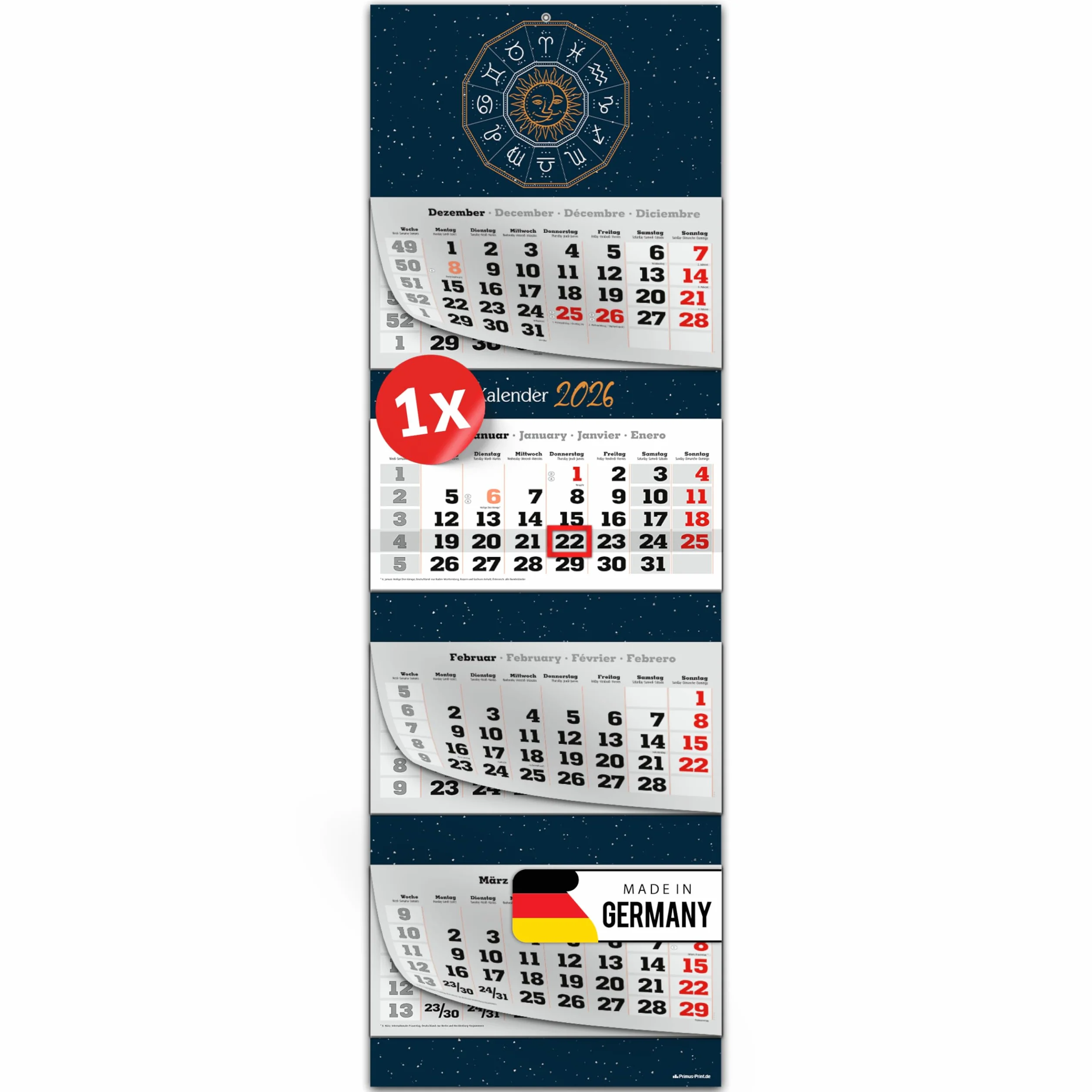 Primus Print Calendrier mural XXL 2026 4 mois avec curseur de date à suspendre jours fériés vacances motifs signe du zodiaque